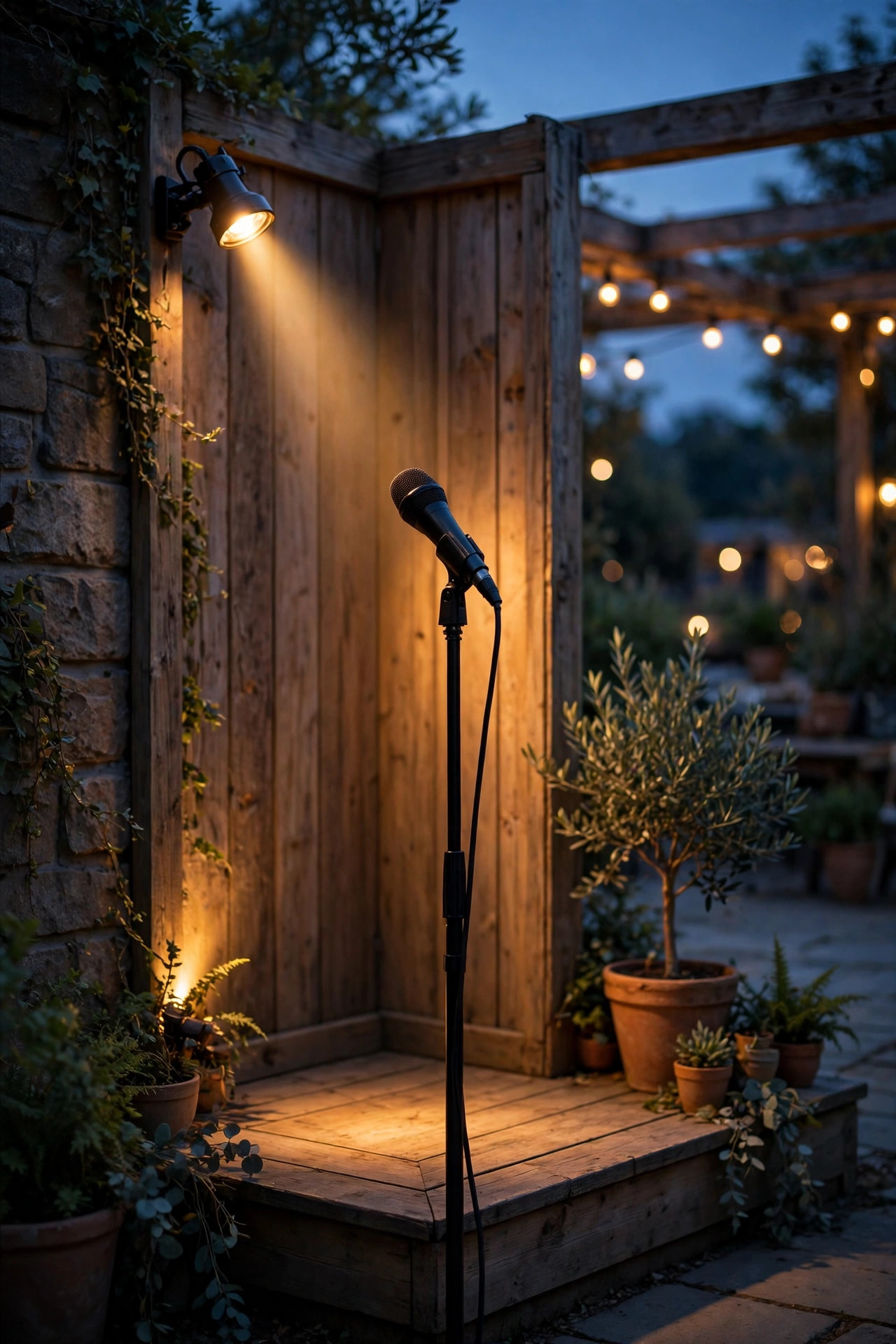 Small warm spotlight angled up toward a microphone stand on a patio corner stage at dusk