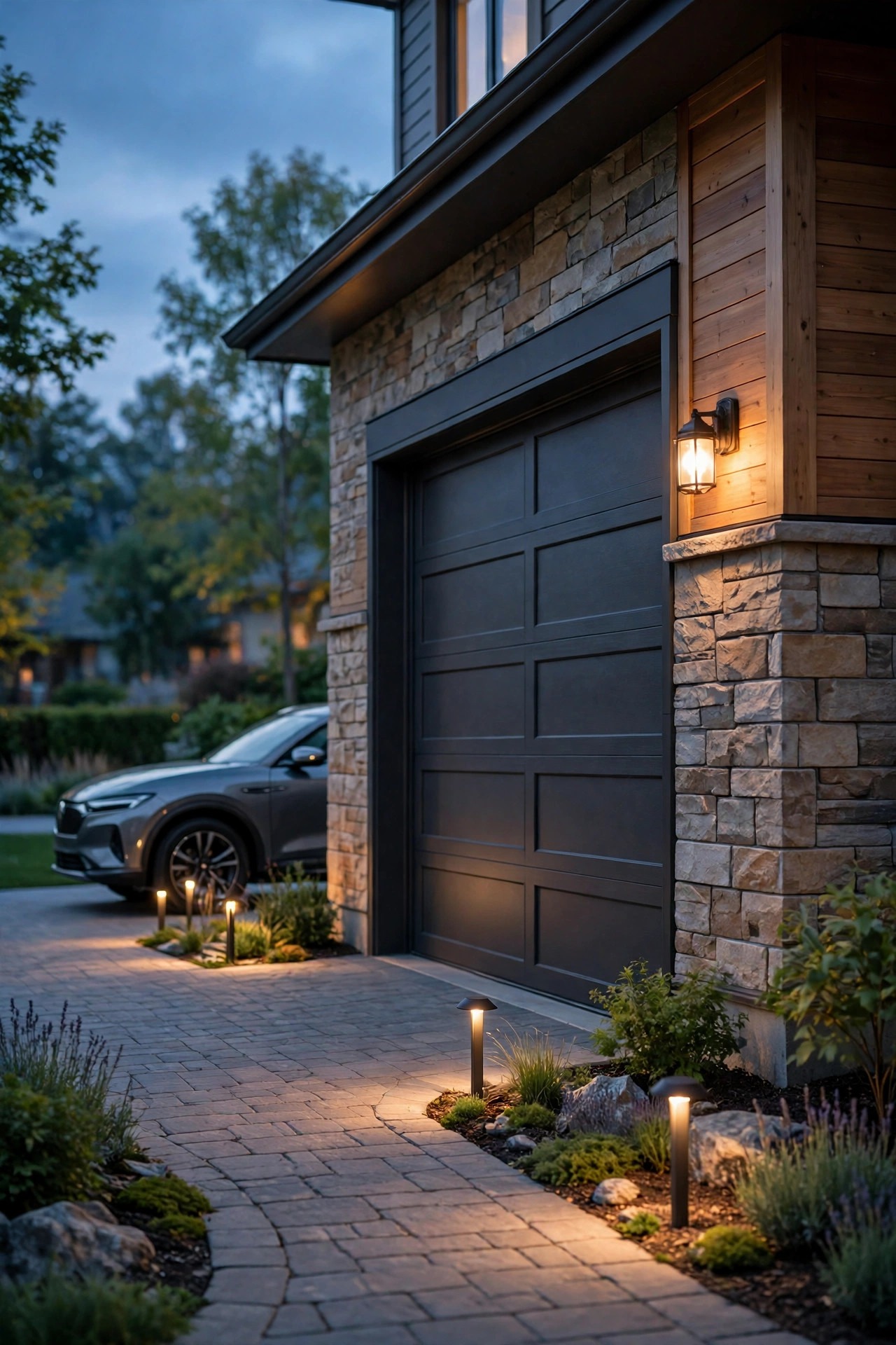 Garage front at dusk with soft layered lighting, a warm sconce beside the garage door plus gentle low edge lights along the drive, no harsh glare, car parked in calm golden light