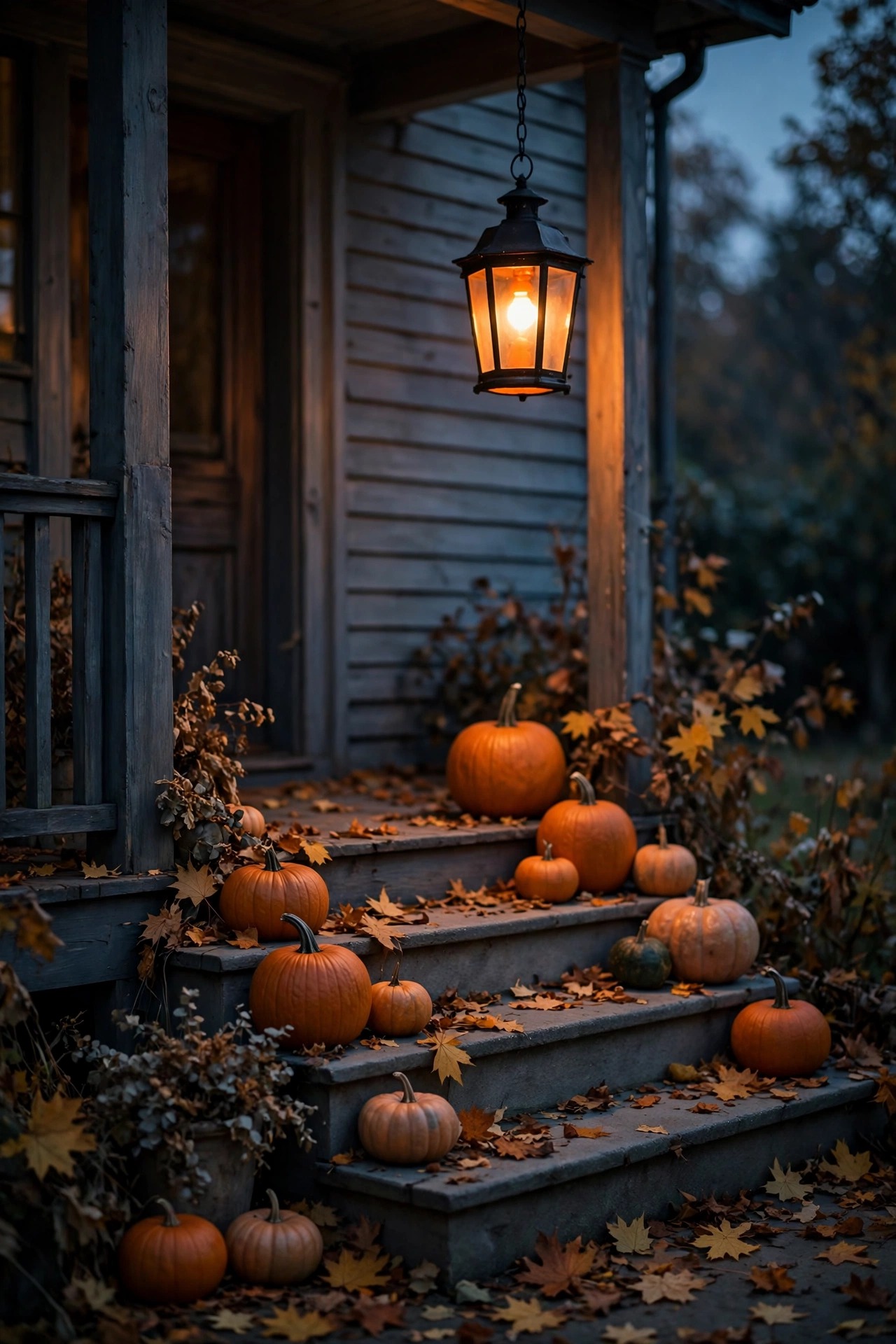 Porch lantern glowing warm orange from a color smart bulb during autumn, pumpkins on the steps below