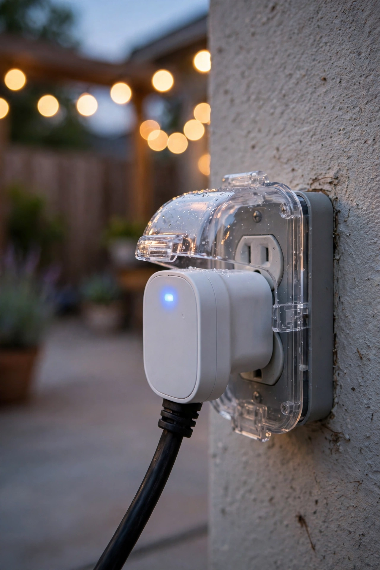 Weatherproof smart plug connected to an outdoor outlet with string lights at dusk