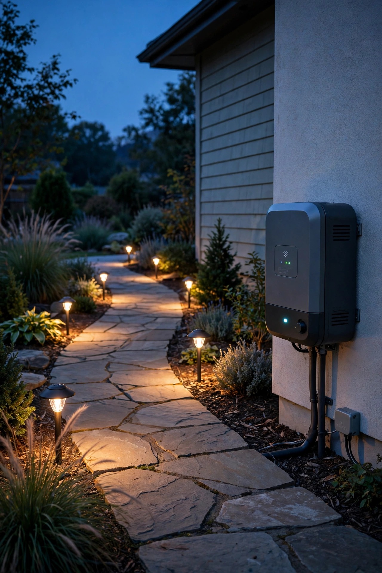 Low-voltage path lights glowing along a stone walkway at dusk, smart transformer mounted neatly on the house wall nearby