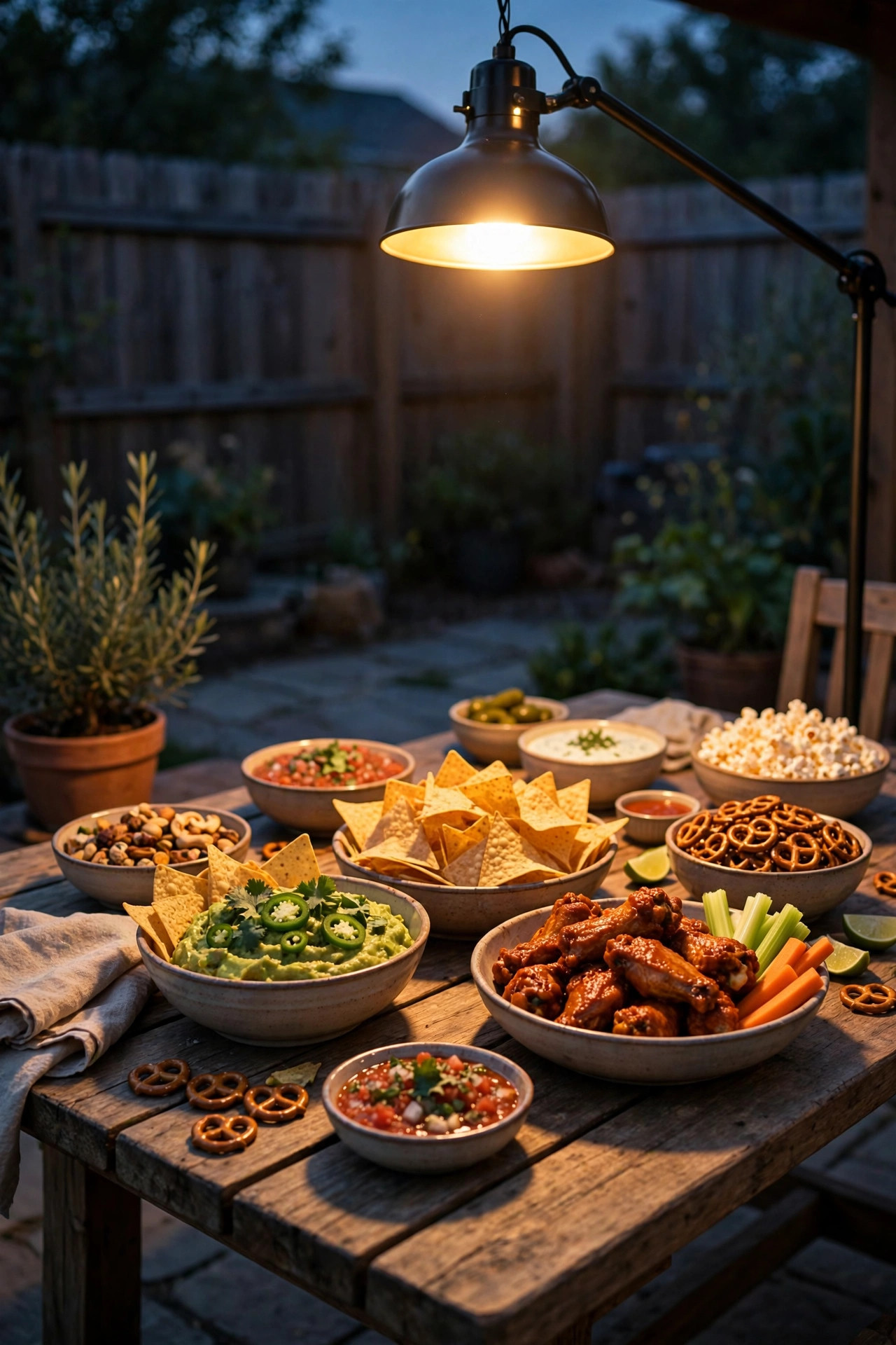 Bright warm task lighting over a backyard snack table with bowls of game day food