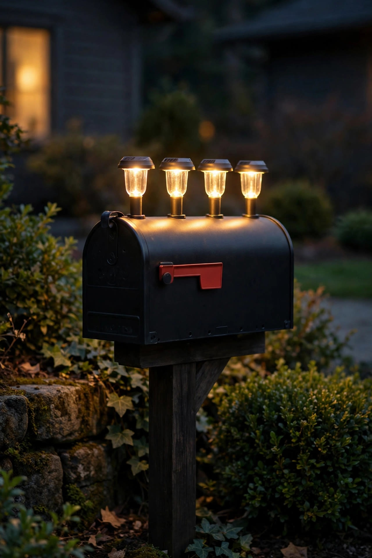 Individual solar house number lights mounted on a mailbox glowing after dark