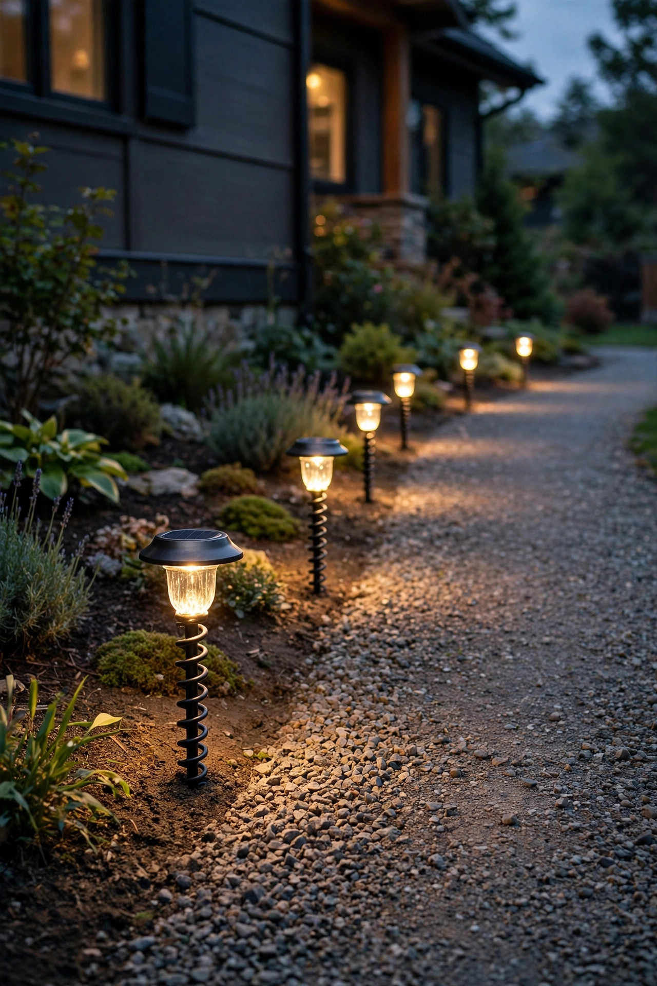 Solar path lights with spiral screw-in anchors glowing evenly along a gravel driveway edge