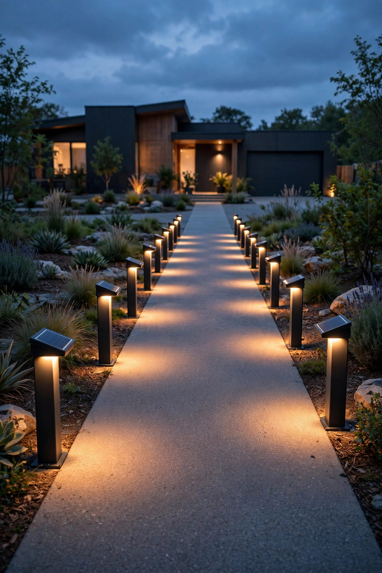 Row of modern low solar bollard posts casting warm downward light along a straight driveway in the evening