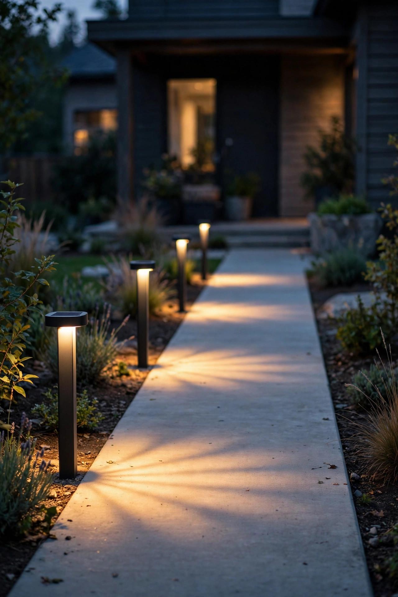 Short modern solar bollard lights casting warm scallops of light onto a straight concrete walkway