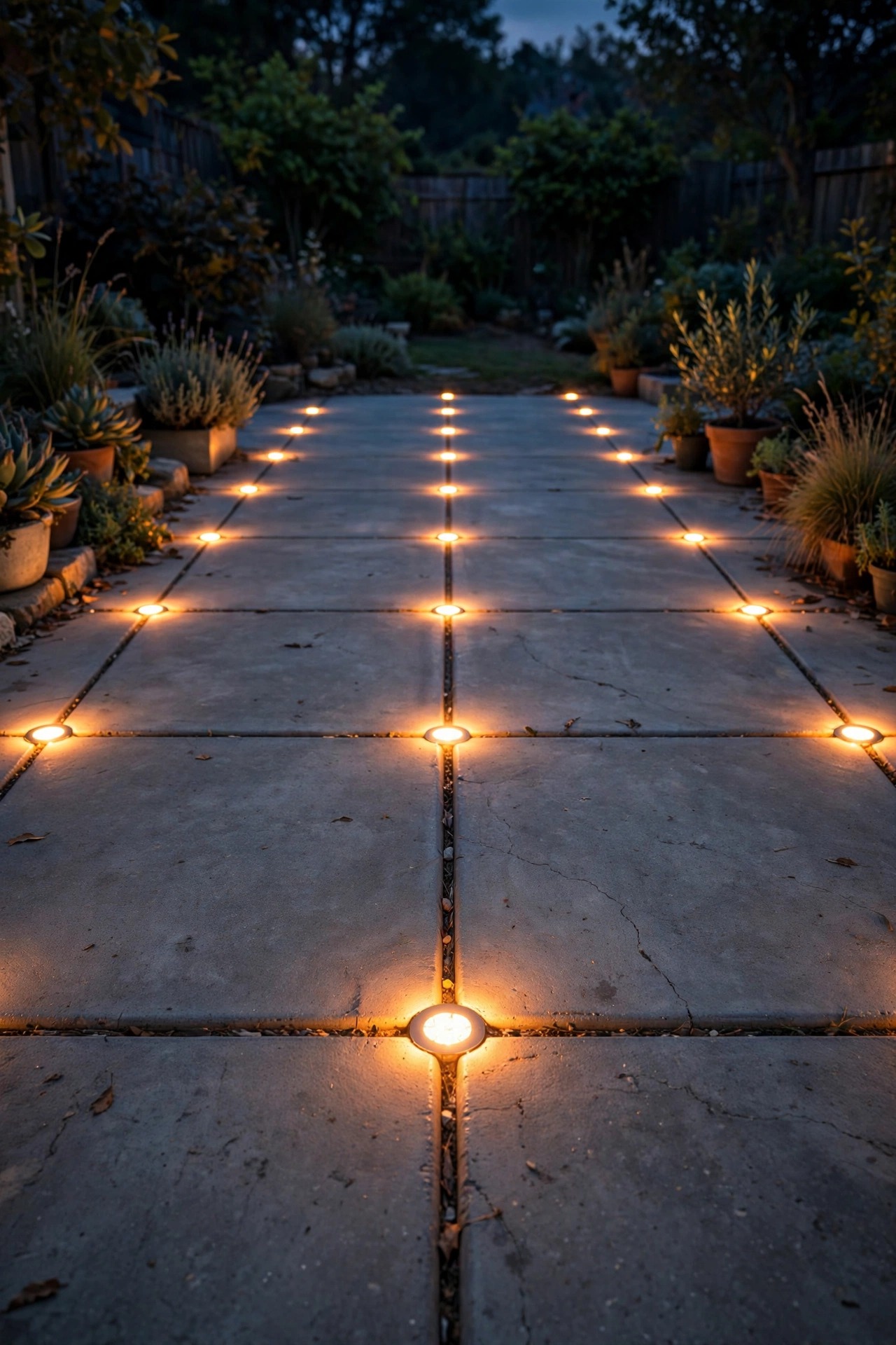Flush solar disk lights glowing along the expansion joints of a concrete patio at night