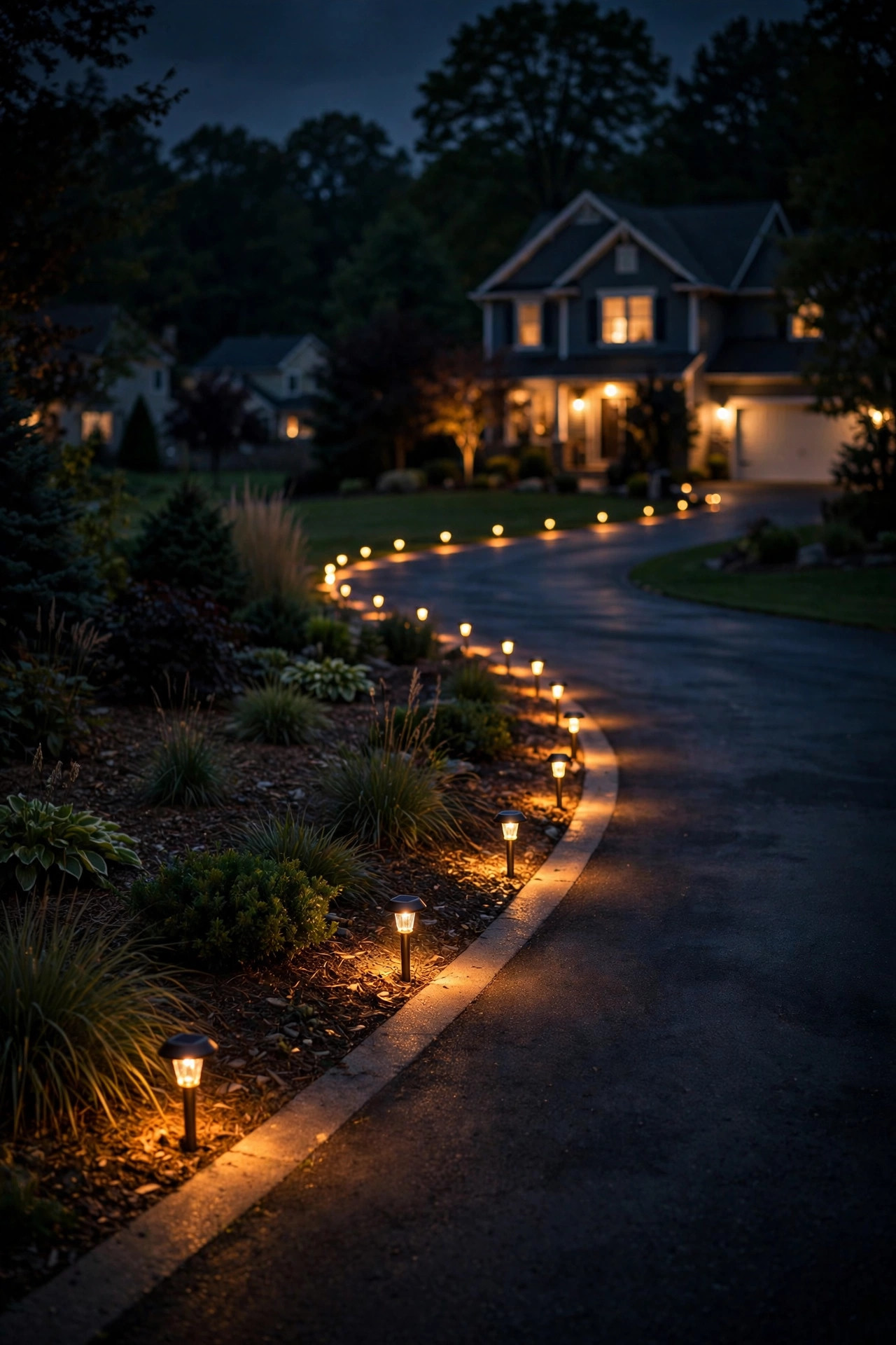 Small solar driveway markers glowing amber along a curved driveway edge at night