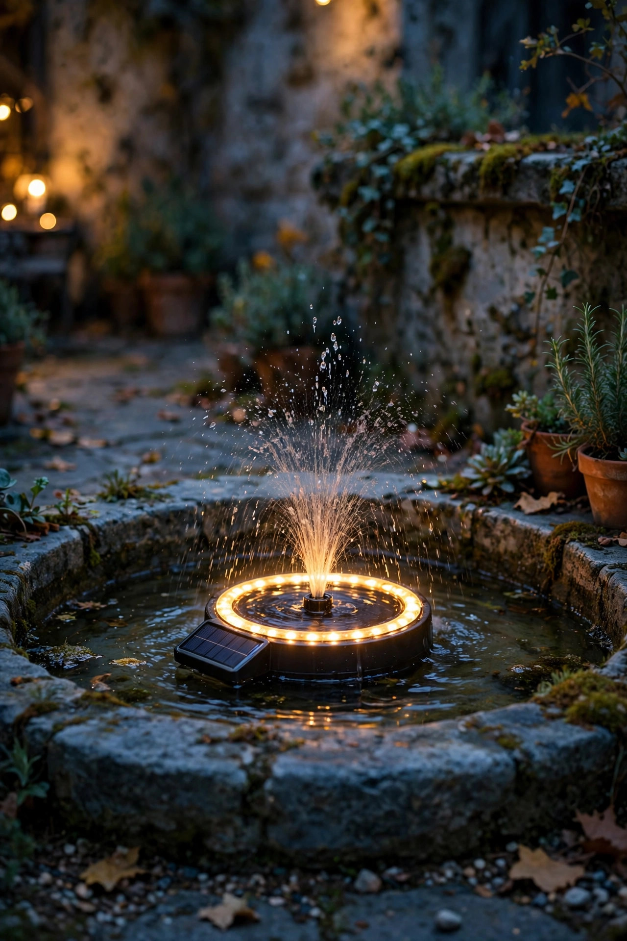 Small solar fountain pump with glowing LED light ring spraying water in a courtyard basin at dusk