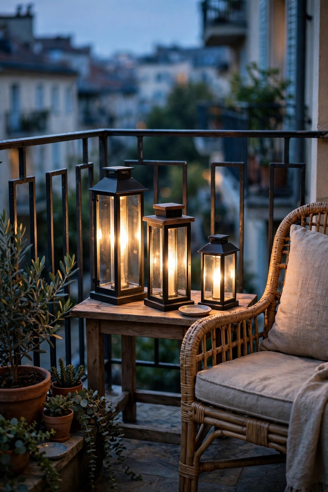 Three solar lanterns of different heights glowing on a balcony side table beside a reading chair