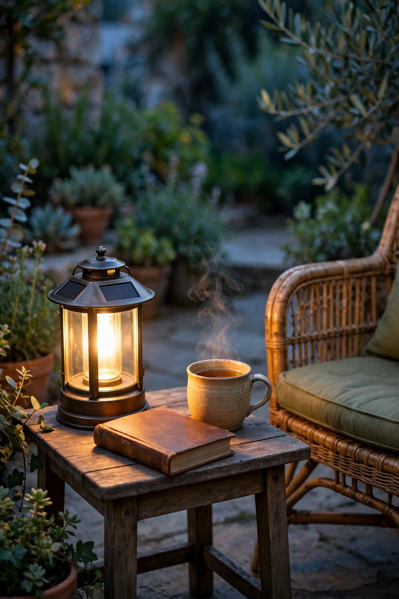 Solar lantern glowing warmly on a small side table next to a reading chair, with a book and a cup of tea