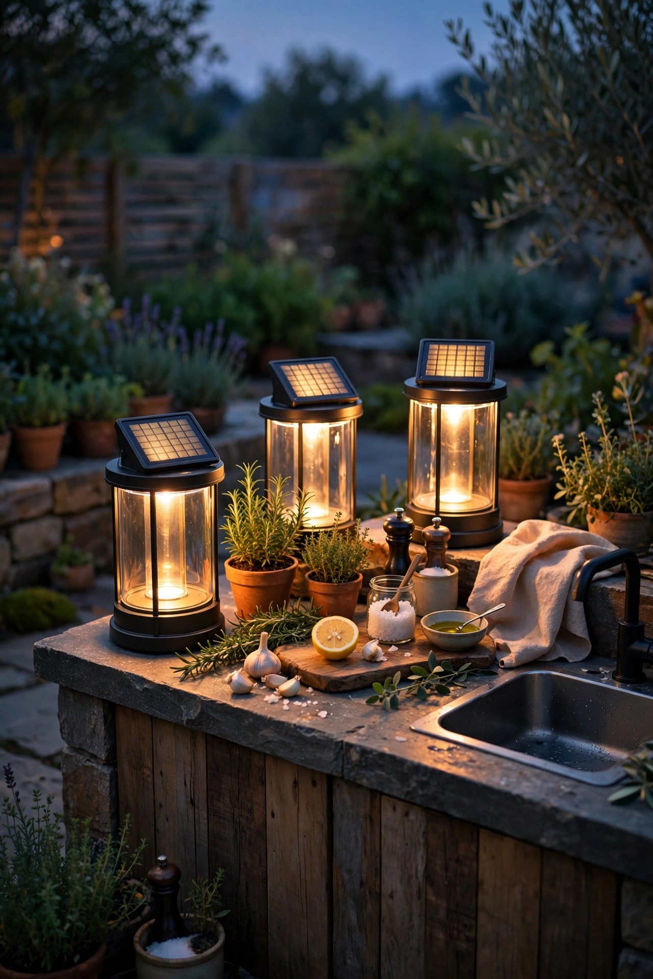 Warm solar lanterns glowing on a compact outdoor kitchen counter at twilight