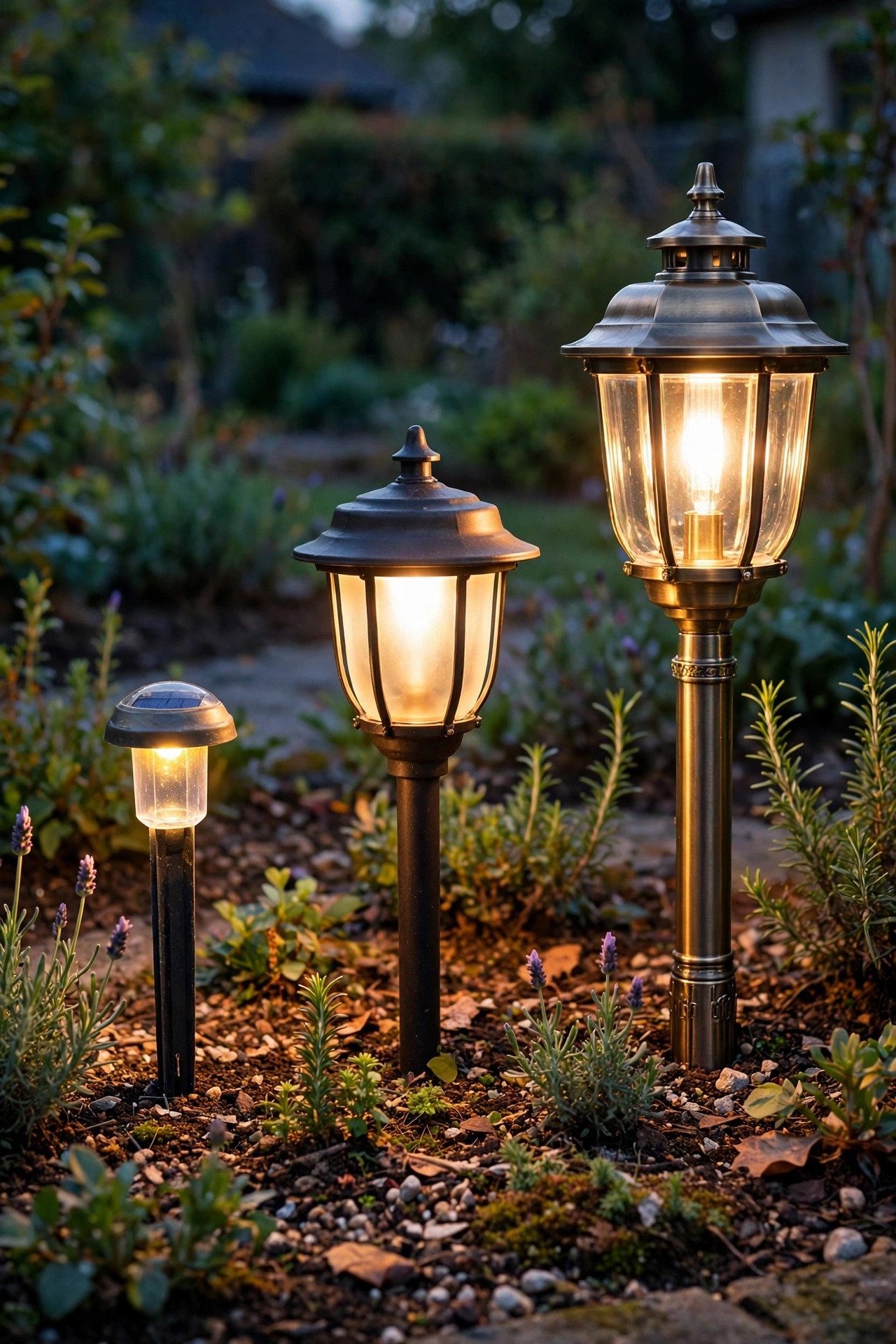 Three solar path lights of increasing size and quality standing in a garden bed at dusk, from small plastic stake to sturdy metal fixture