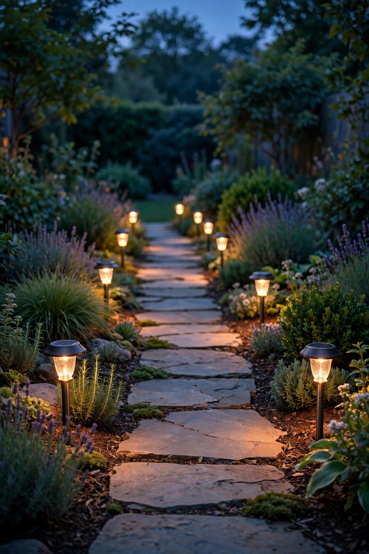 Solar path lights lining a garden walkway at dusk, permit-free outdoor lighting with no wiring