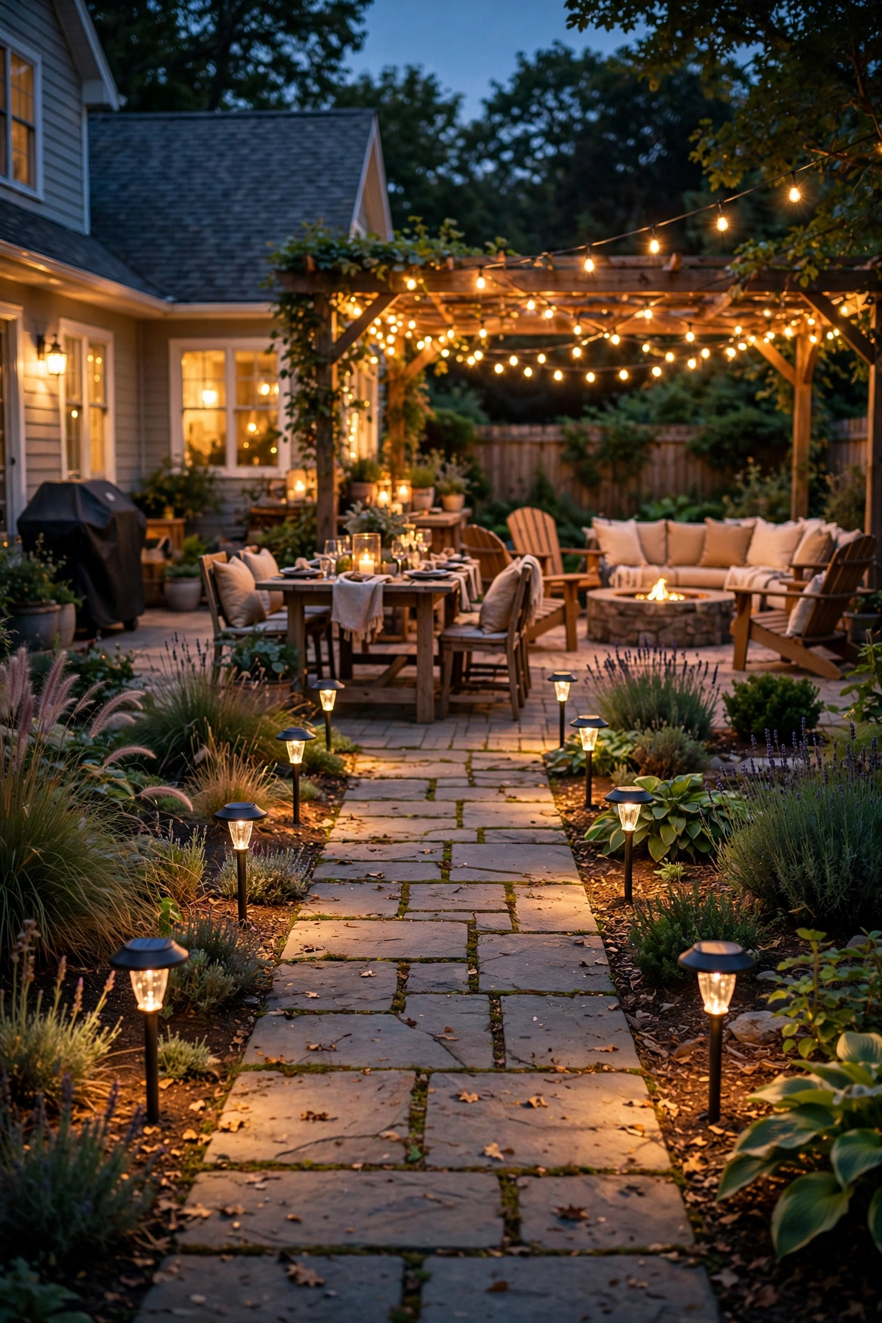 Warm solar path lights lining a walkway to a backyard evening party