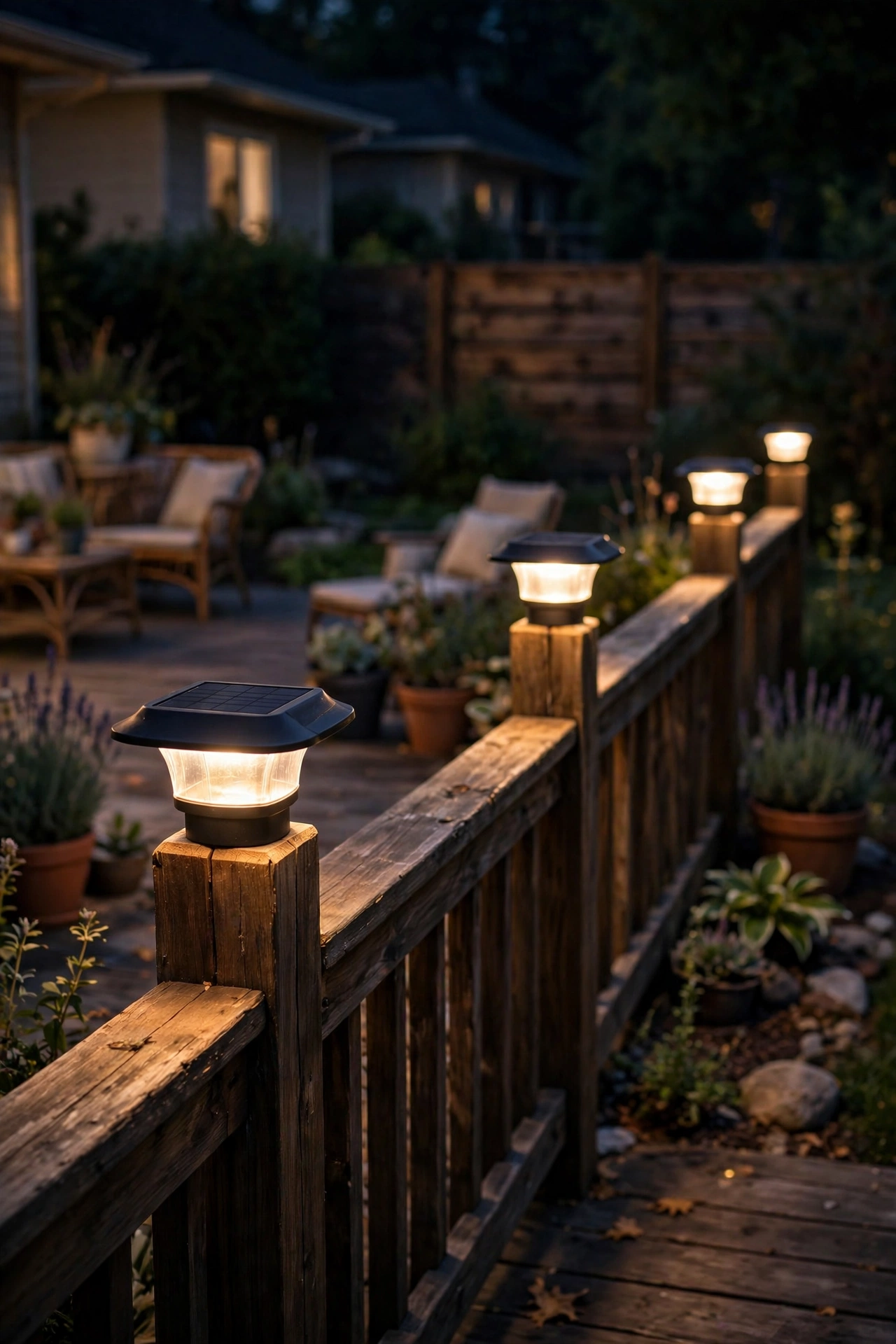 Solar post cap lights on deck railing posts glowing at night