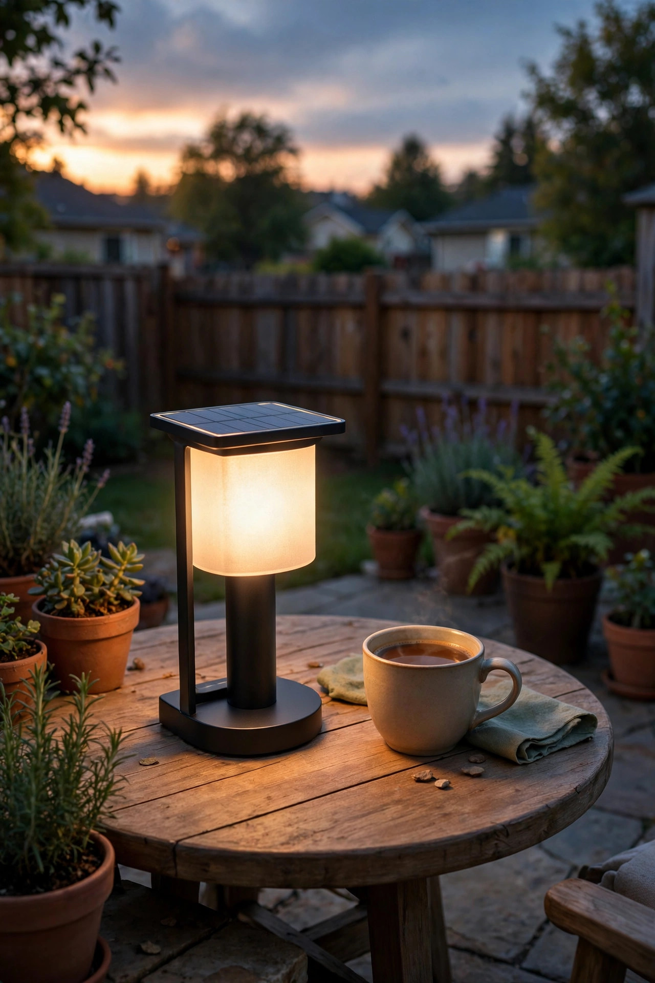 Solar-powered outdoor table lamp glowing on a patio table at dusk