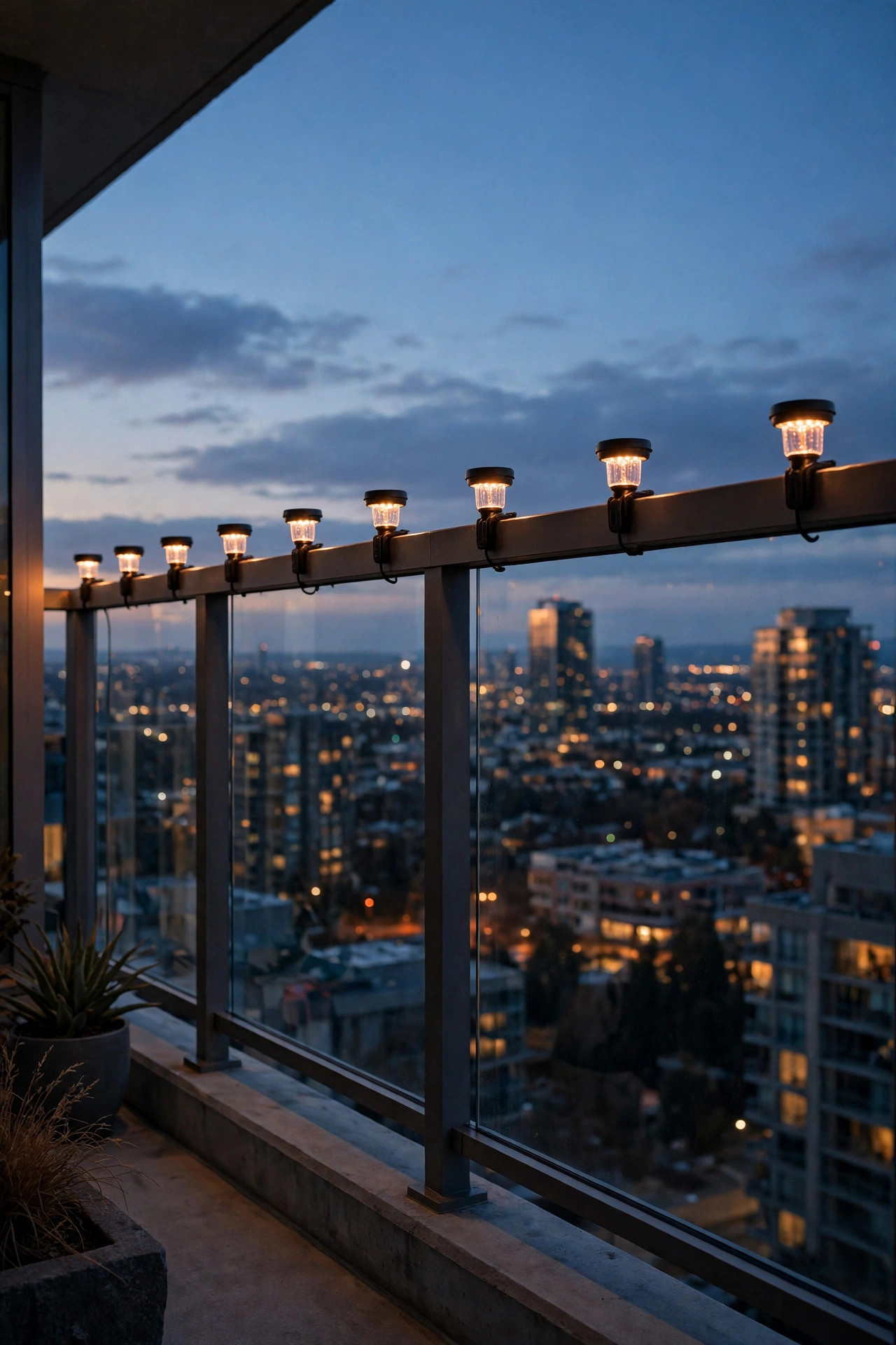 Solar rail lights clamped flat along the top rail of a high-rise balcony, glowing in an even dotted line at dusk