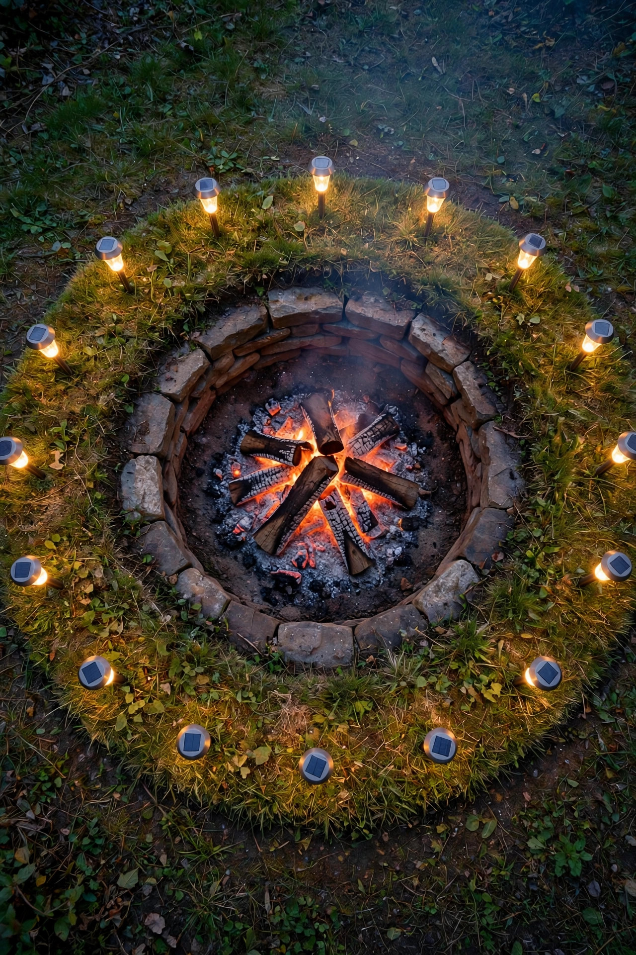 Solar path lights spaced around the grassy rim of a sunken fire pit visible from above at dusk