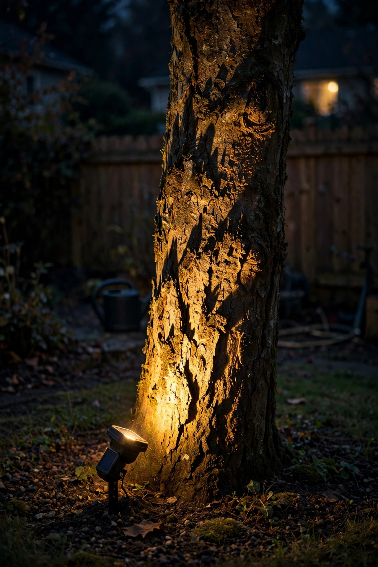Single solar spotlight uplighting a tree trunk creating dramatic shadows at night