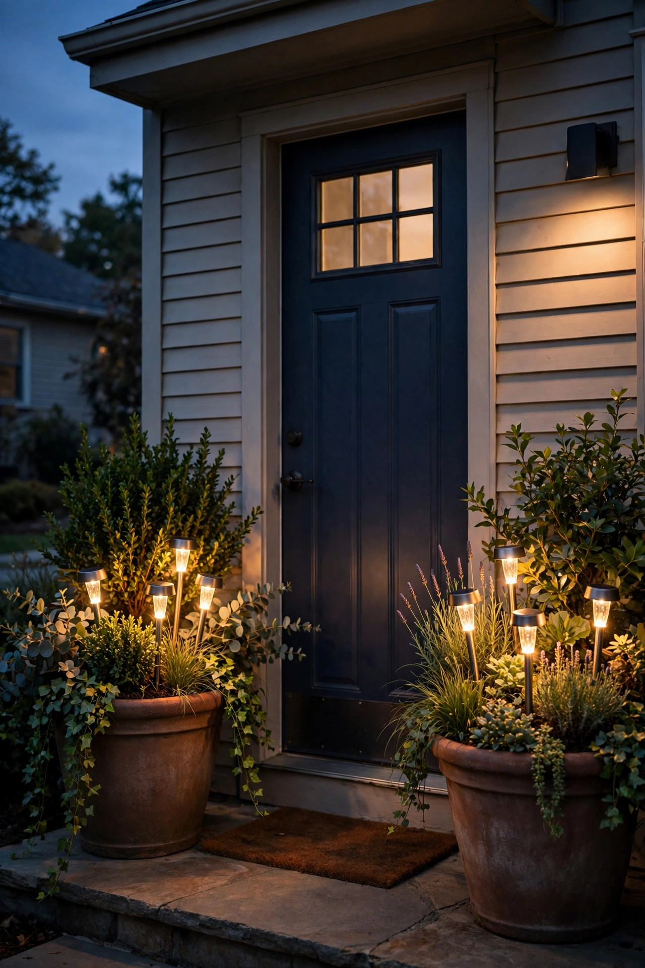 Solar stake lights spaced along the base of a long backyard fence casting warm pools of light on mulch and grass