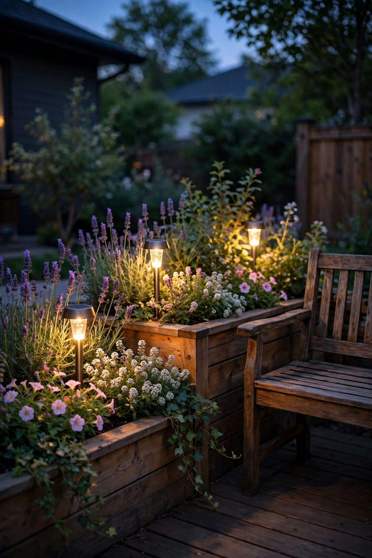 Built-in deck planter boxes at dusk with warm solar stake lights glowing up through flowering plants beside a bench