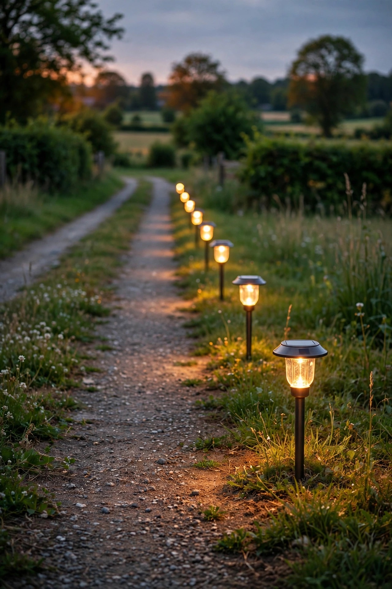 Warm solar stake lights glowing along the edge of a gravel garden bed with desert plants at dusk, small solar panels tilted toward the sky