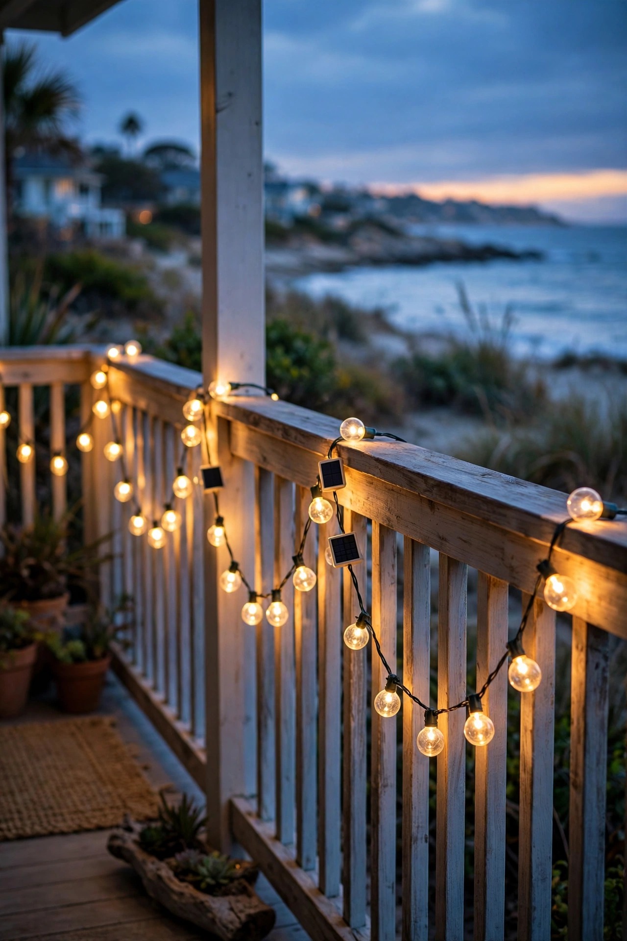 Solar string lights draped in gentle swags along a coastal porch railing at dusk