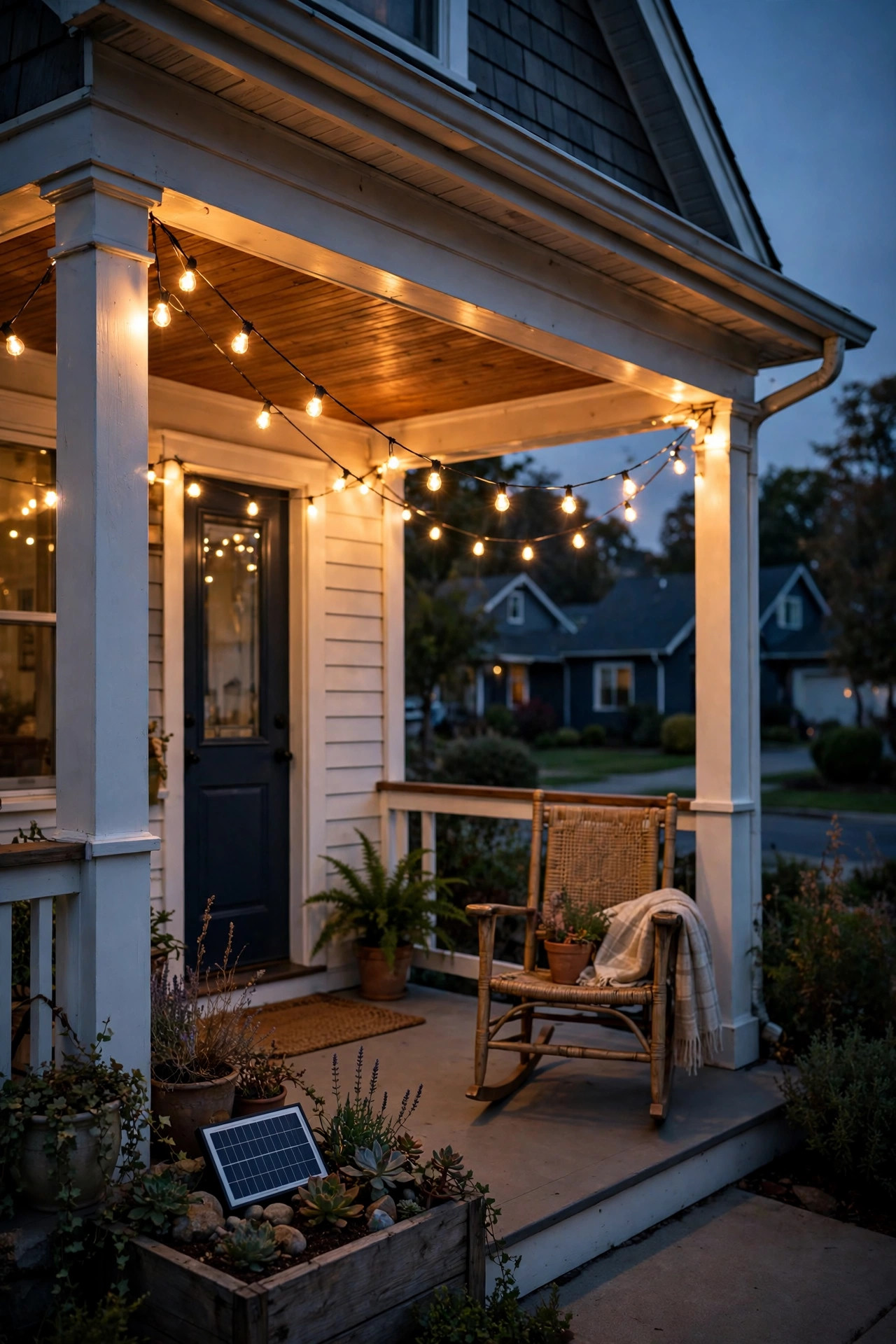 Solar string lights glowing warmly across a mobile home patio at dusk, with a small solar panel staked in a sunny flower bed beside the skirting