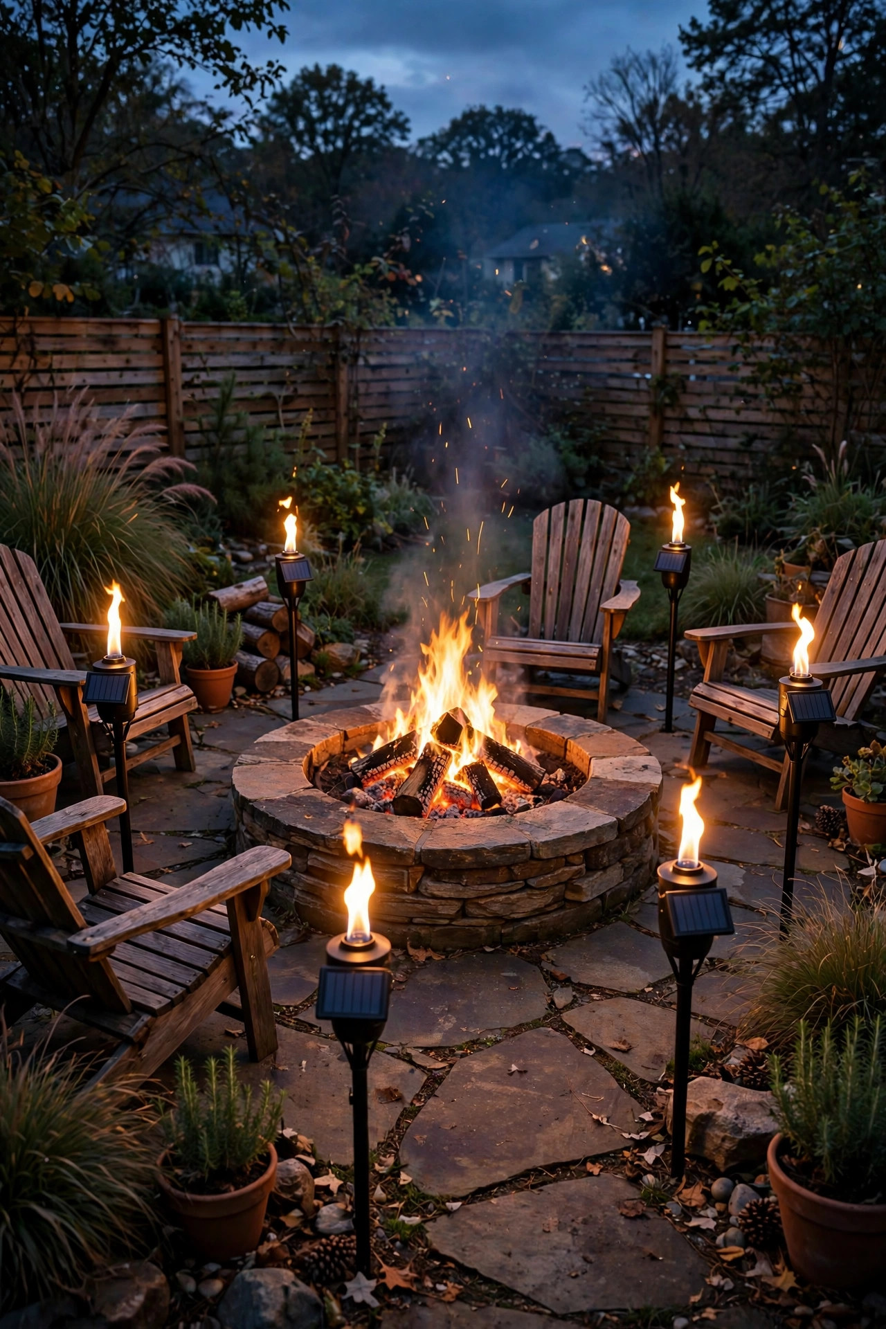 Solar flame torches ringing a backyard fire pit seating area at dusk with layered flickering light