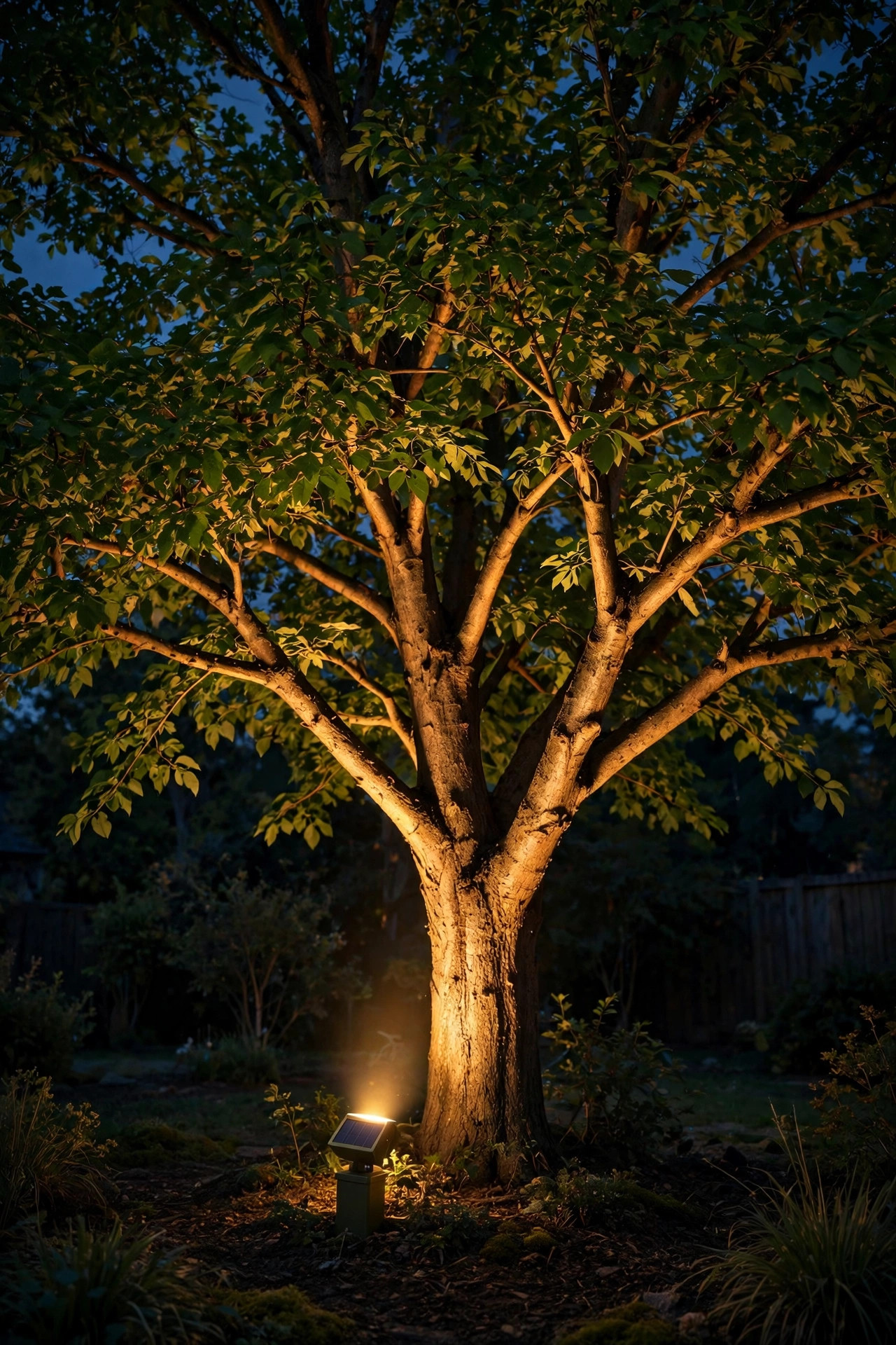 Solar spotlight uplighting a leafy backyard tree canopy at night, warm light washing the trunk and branches