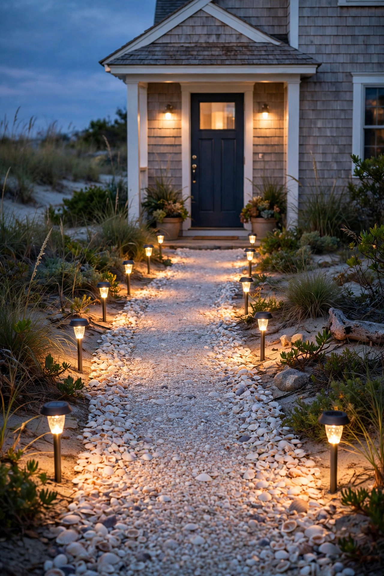 Warm solar stake lights dotted along a shell path leading to a beach house front door