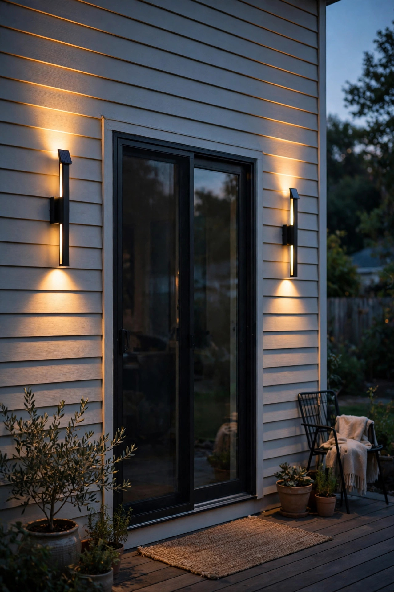 Slim solar wall sconces washing warm light up and down the siding beside a patio door on a small patio at dusk