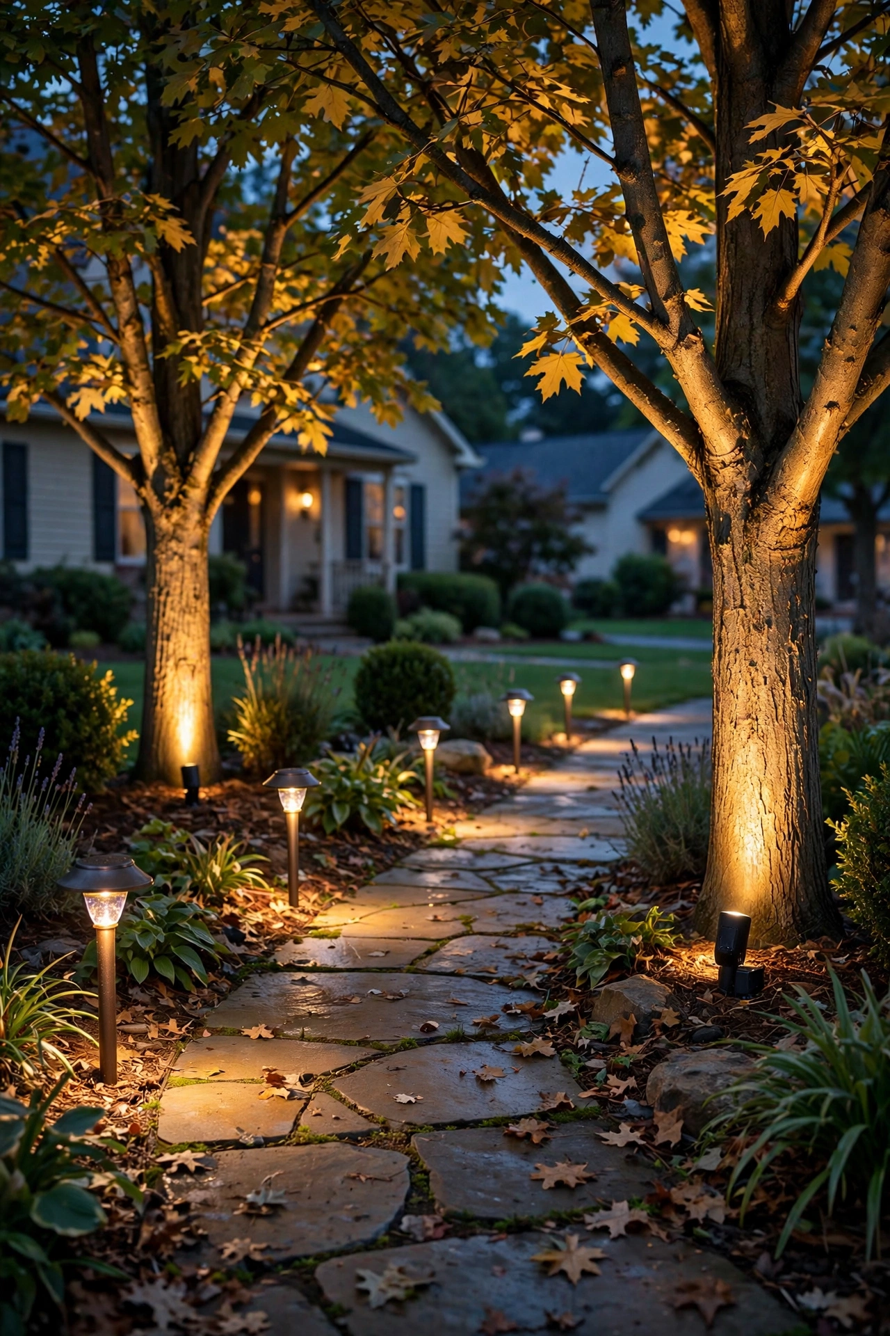 Close-up of path light spacing and uplight beam angles for outdoor lighting curb appeal