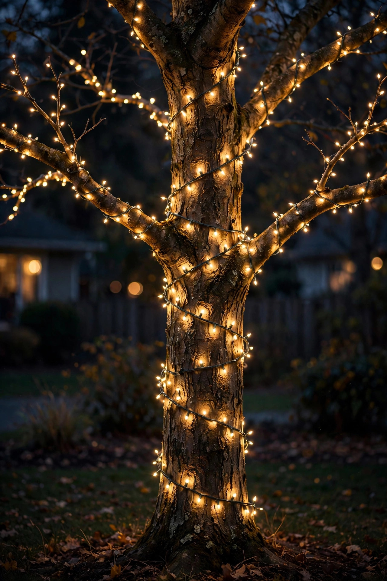 Tree trunk and branch tips spiral-wrapped in warm lights showing sculptural glow at night