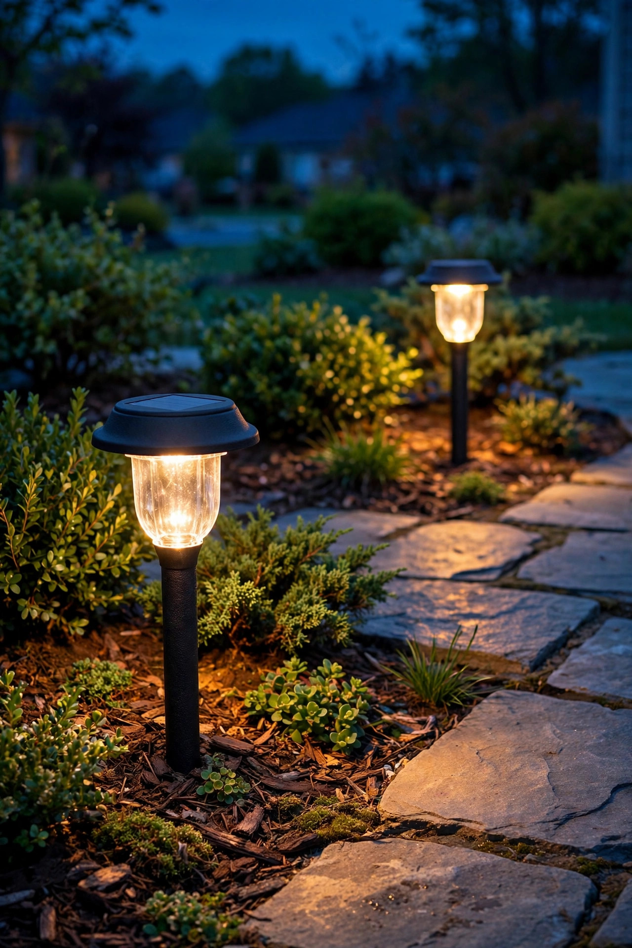 Close-up of staggered solar path lights placement showing 12-inch setback from walkway edge at dusk