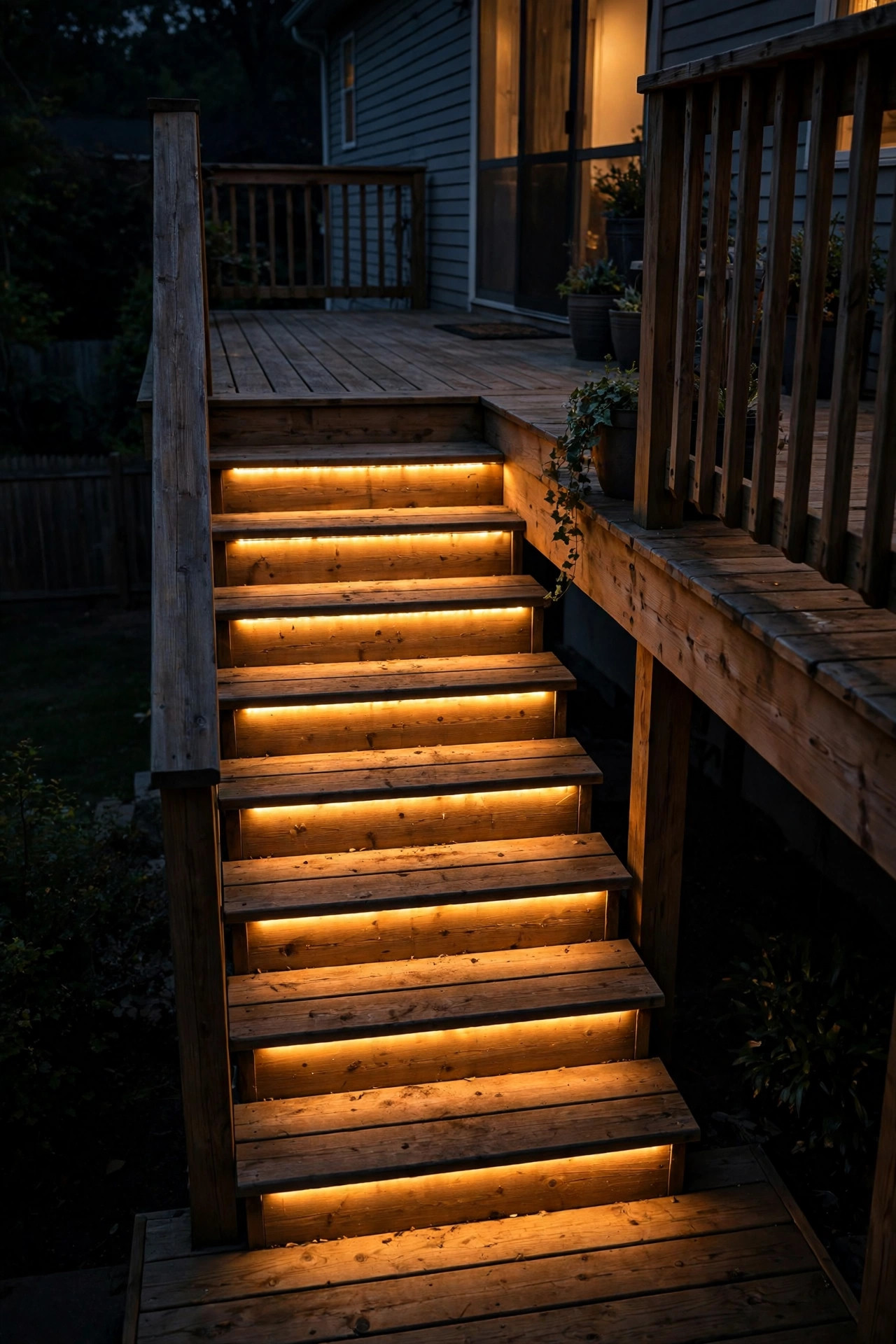 Deck stairs with slim LED light strips glowing under each stair nosing at night