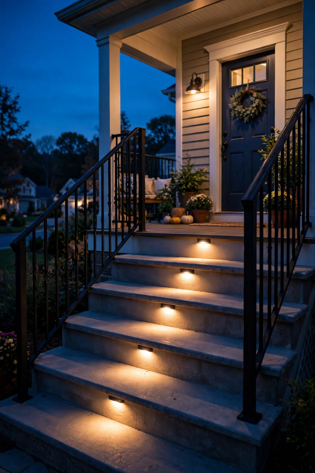 Recessed step lights glowing on porch stair risers at dusk