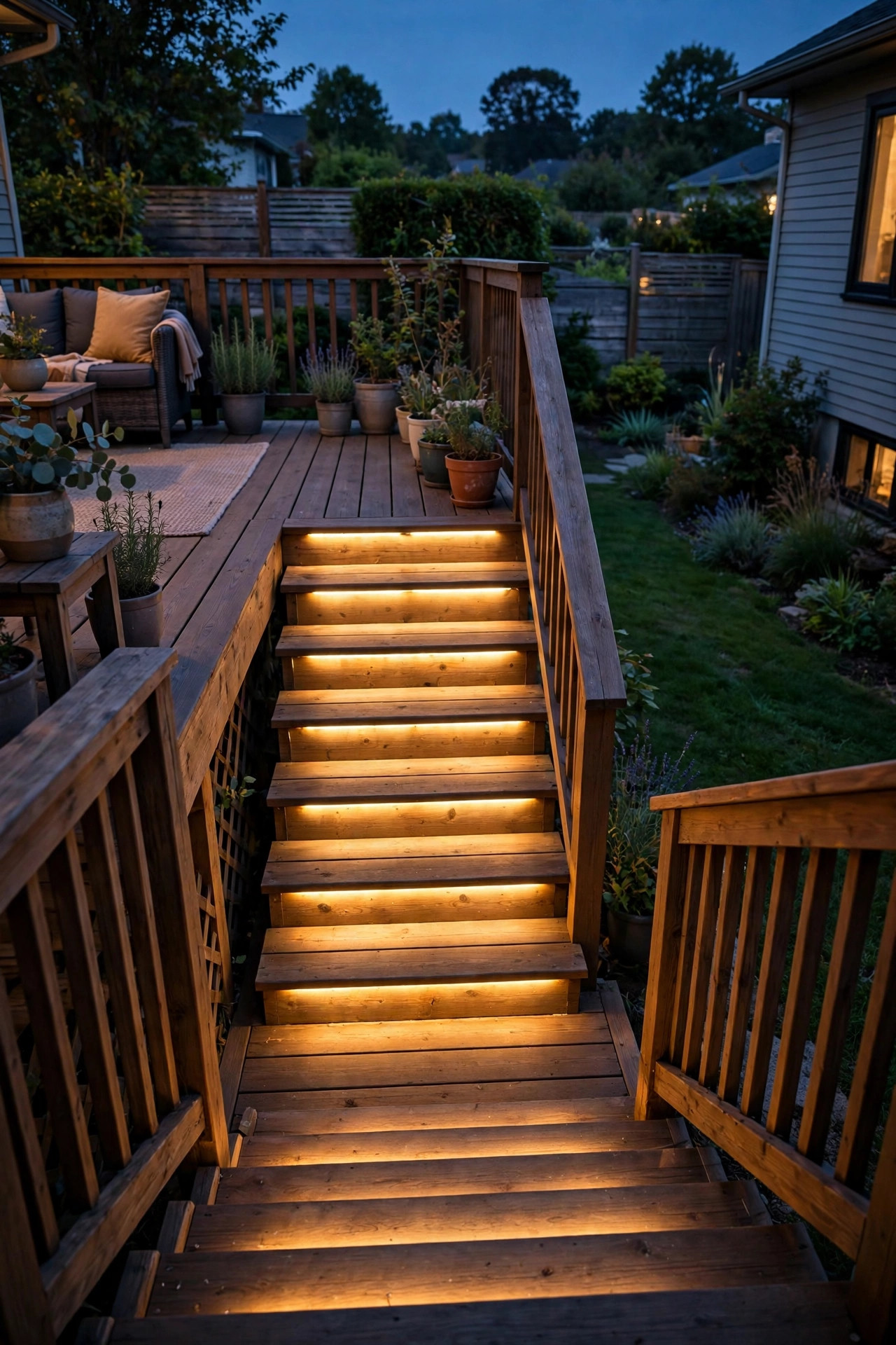 Deck stairs illuminated by warm LED strips tucked under each tread nosing at night