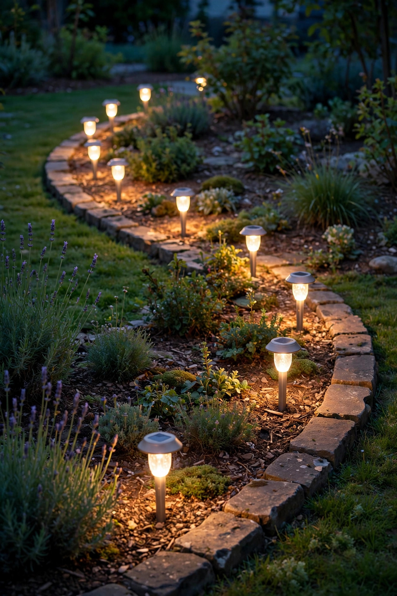 Short solar stake lights following the curve of a garden border with warm white glow