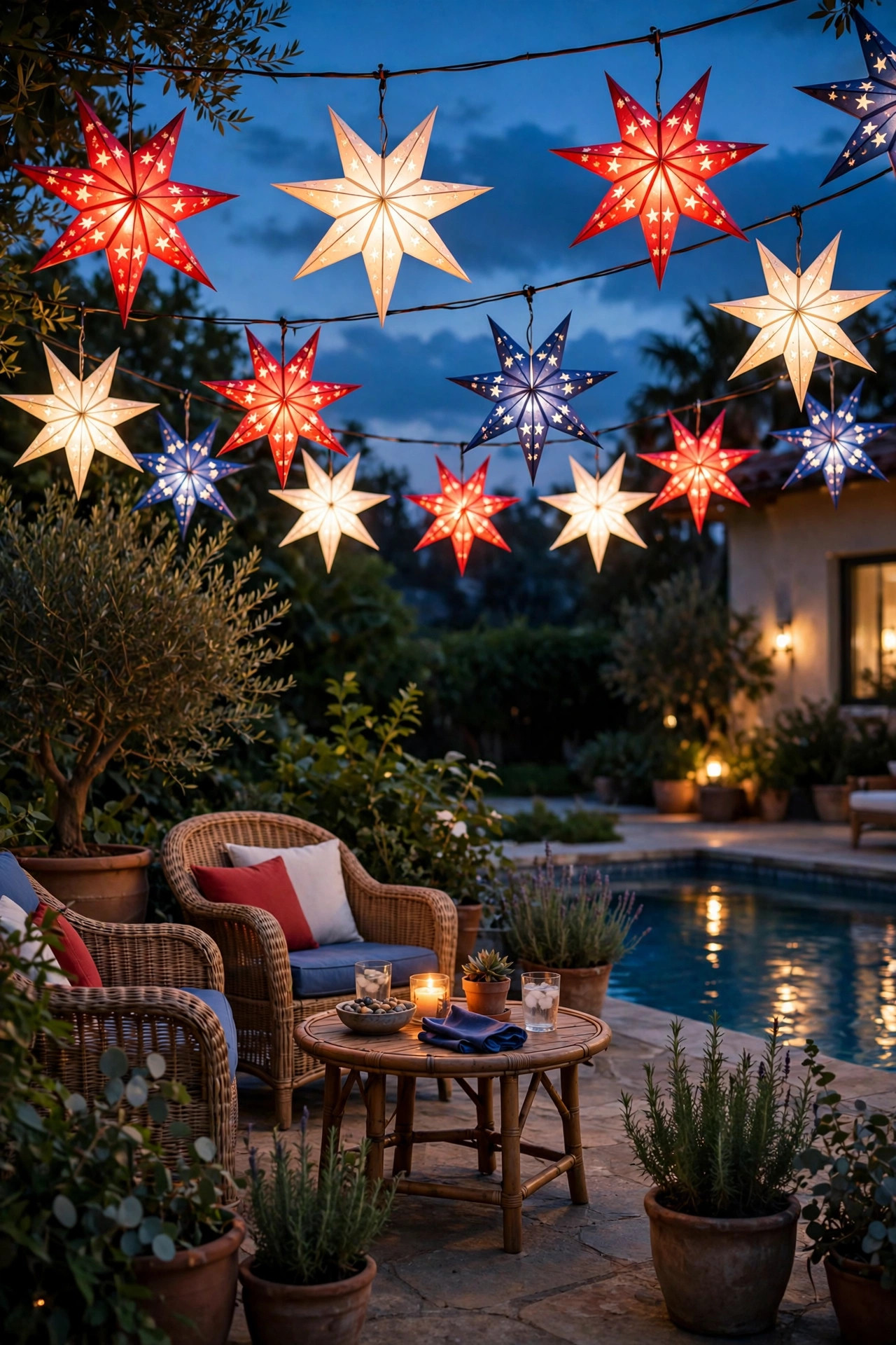 Red white and blue star lanterns glowing above a patio seating area beside a pool at dusk