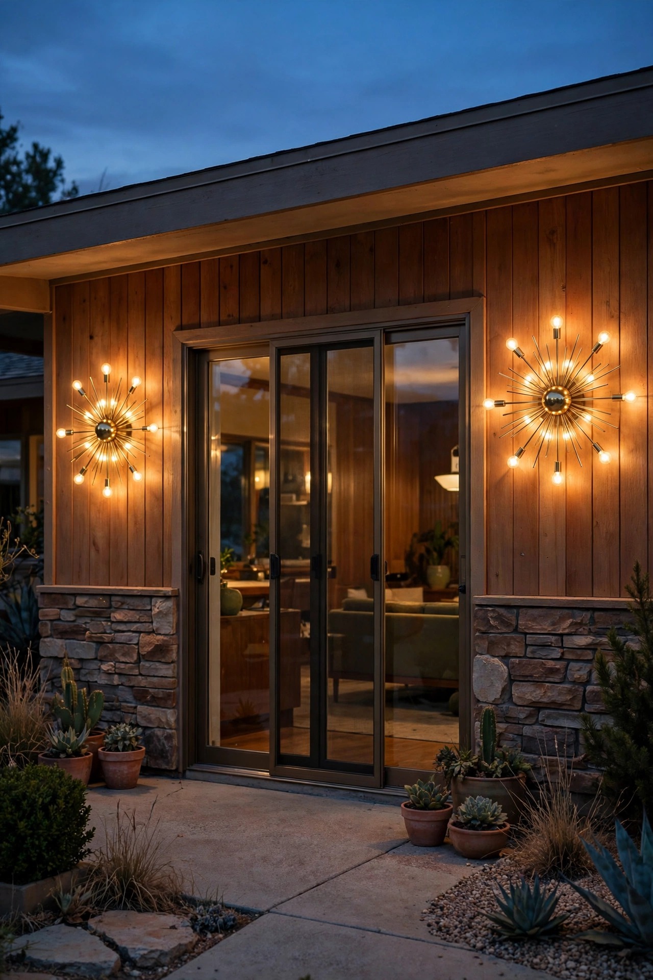 Pair of atomic starburst sconces flanking a patio door on a mid-century ranch home at dusk, glowing warm gold
