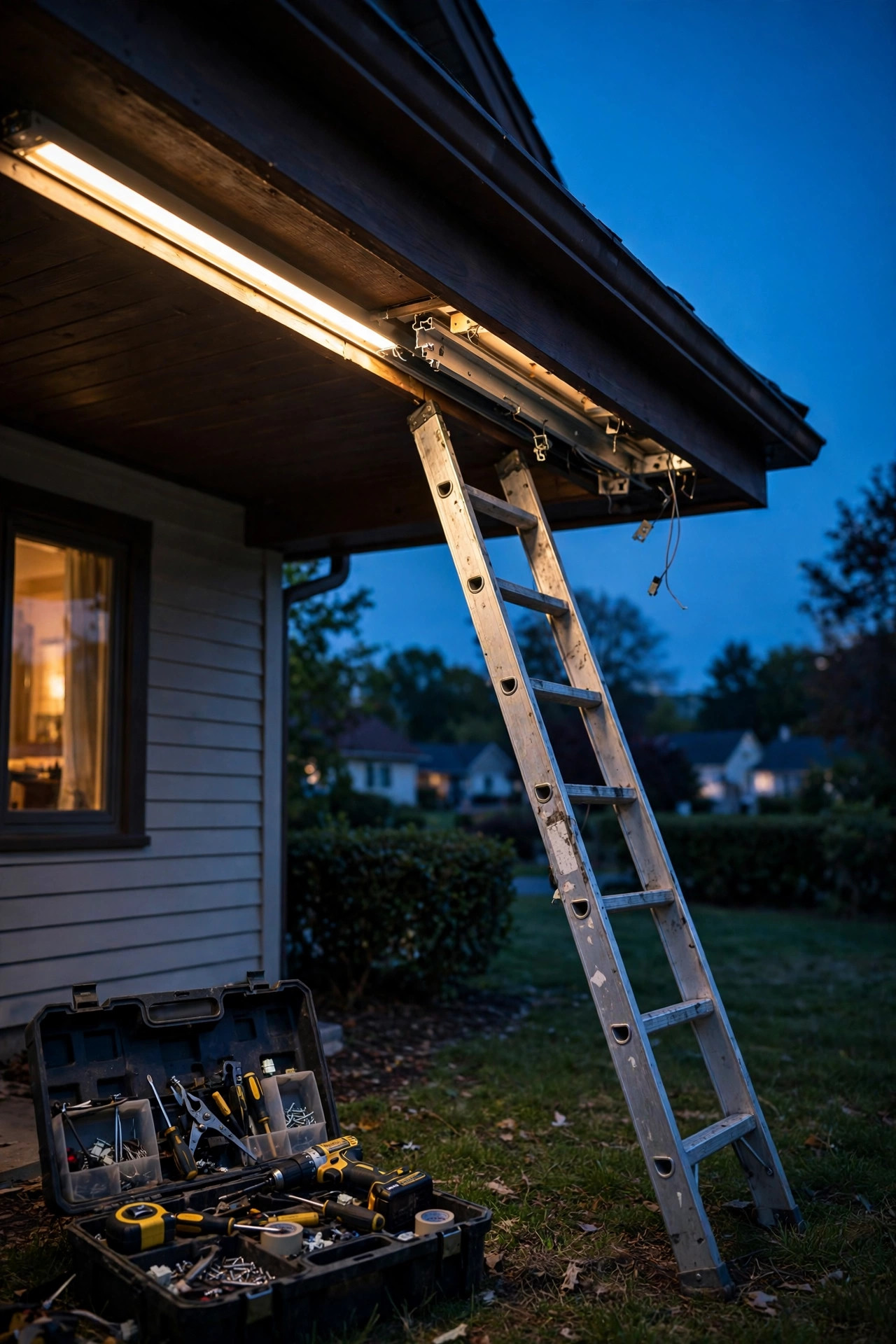 Slim LED light track channel being mounted along the soffit under a house eave at dusk