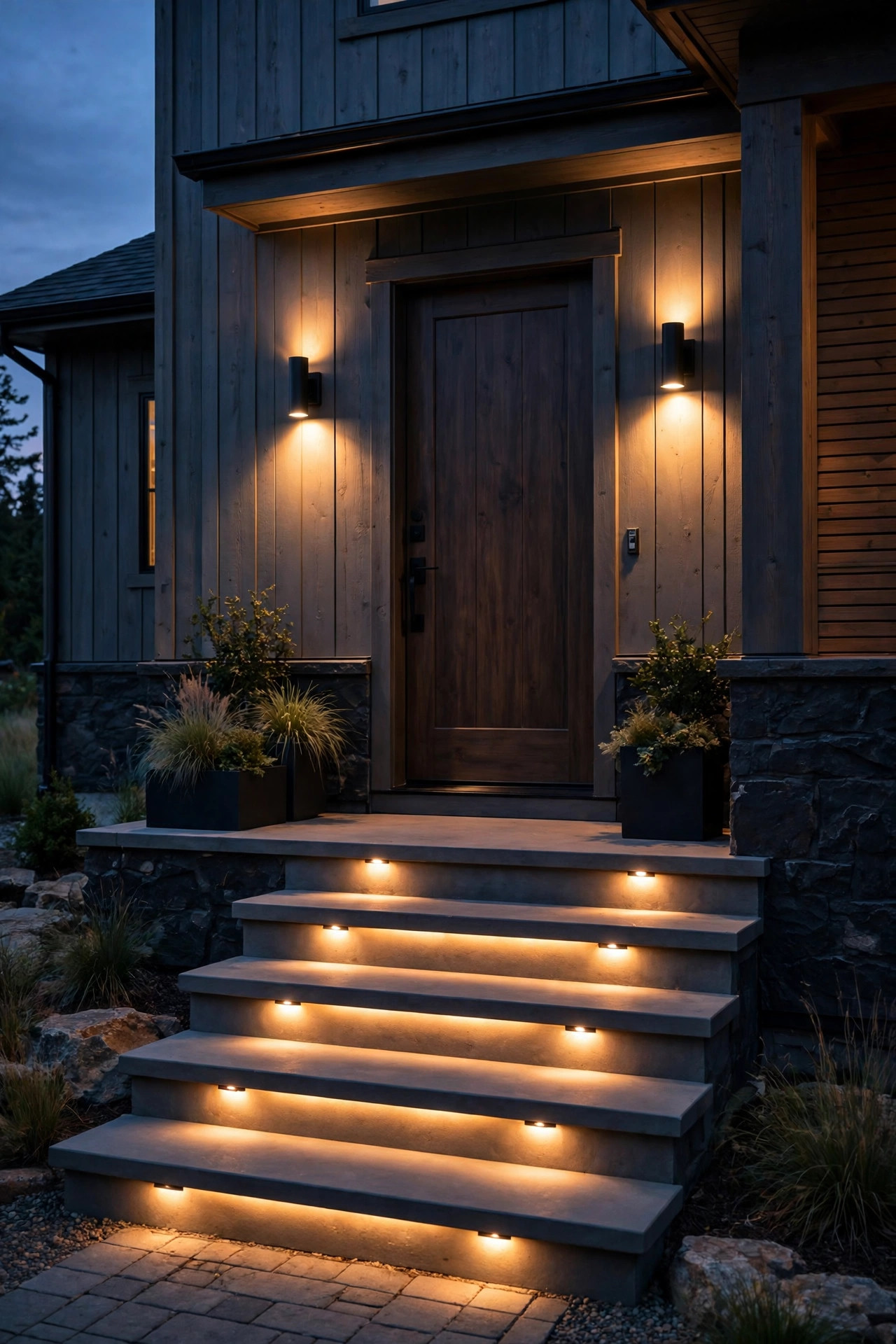Recessed step lights illuminating porch steps with wall washer sconces glowing beside the front door