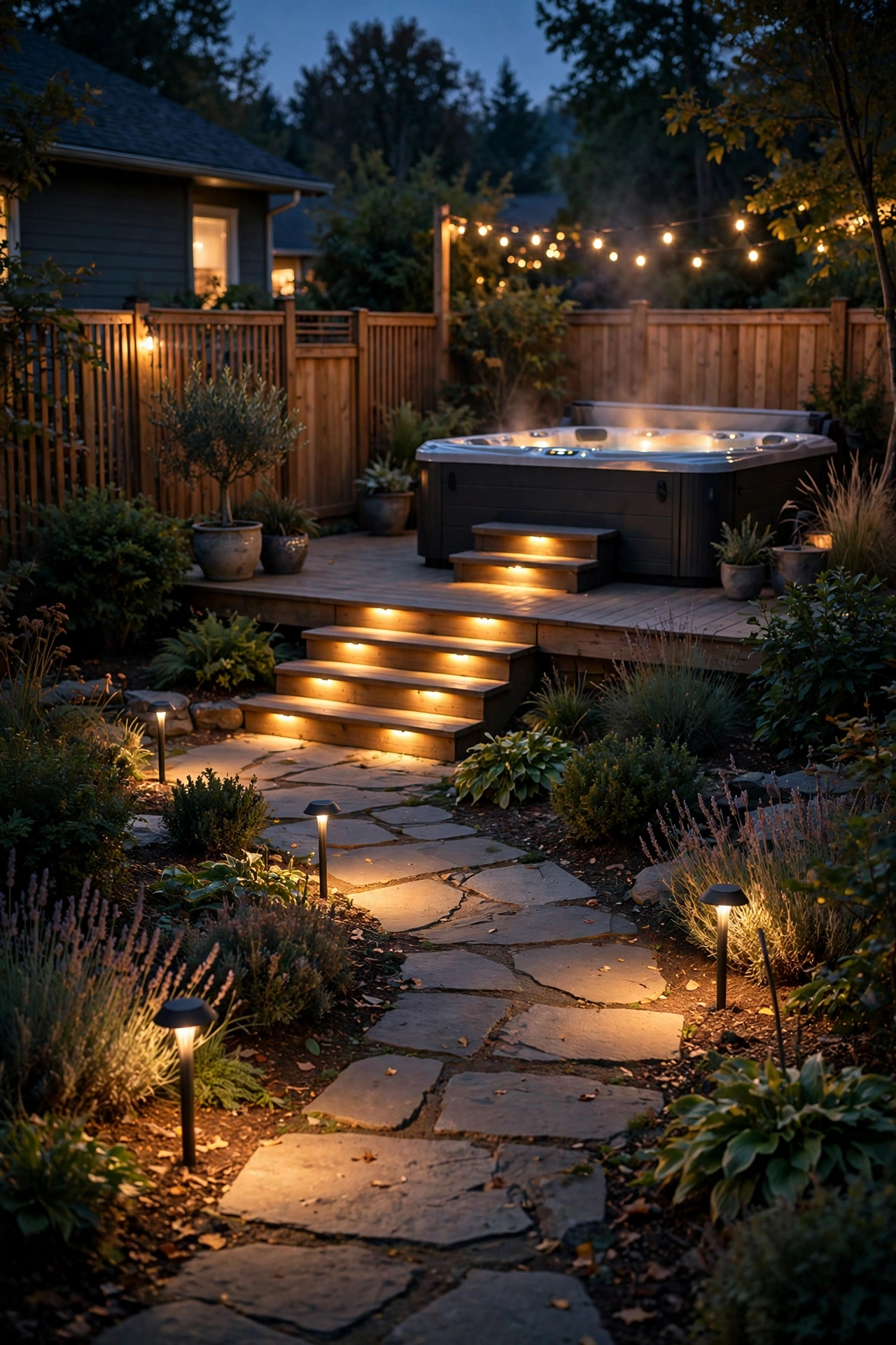 Low-voltage step lights illuminating hot tub entry steps and a garden path at night