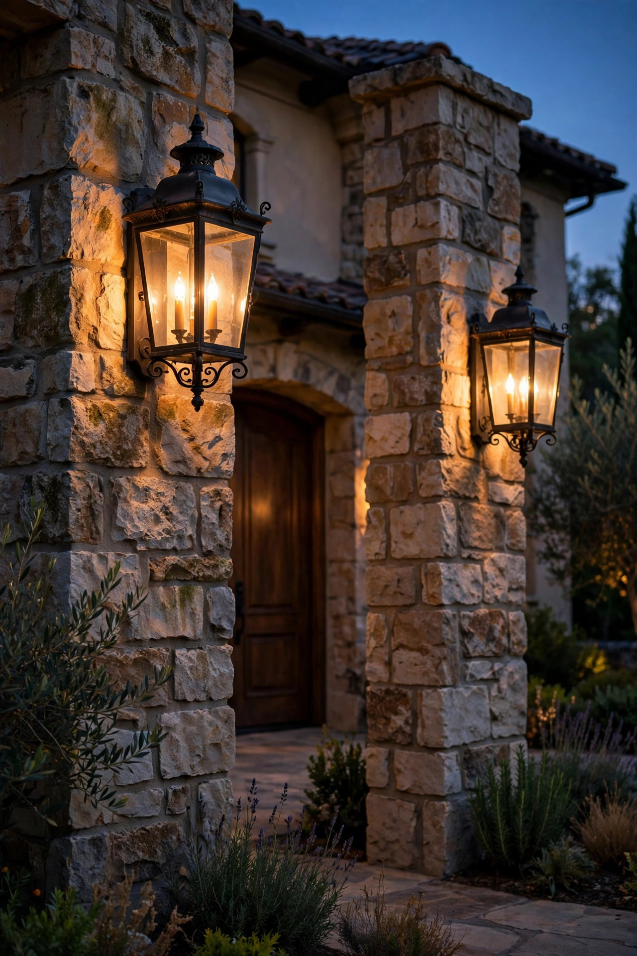 Large lantern-style sconces mounted on rough stone entry columns of a big home, warm light grazing the stone texture at twilight