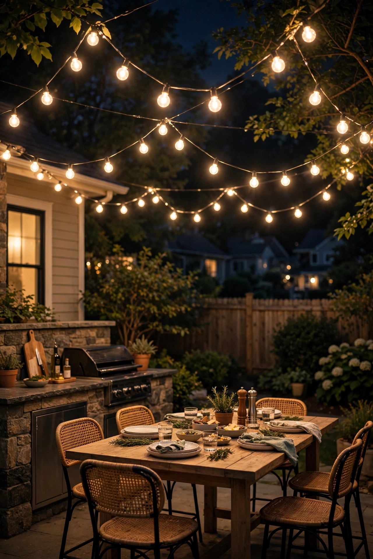 Globe string light canopy glowing over outdoor kitchen dining table and bar stools at night