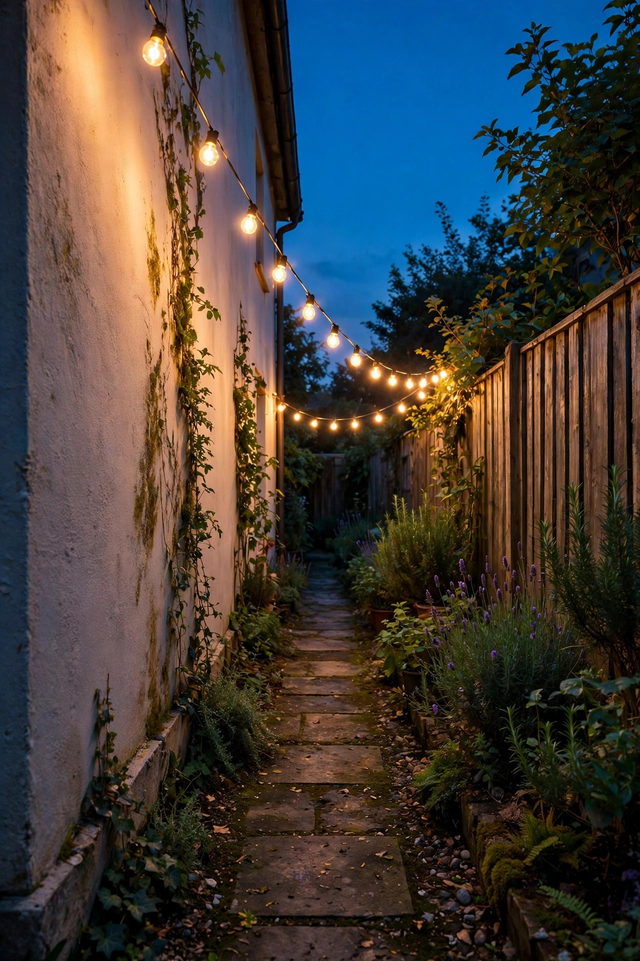 Single run of warm string lights stretching down a narrow garden corridor at dusk between house wall and fence