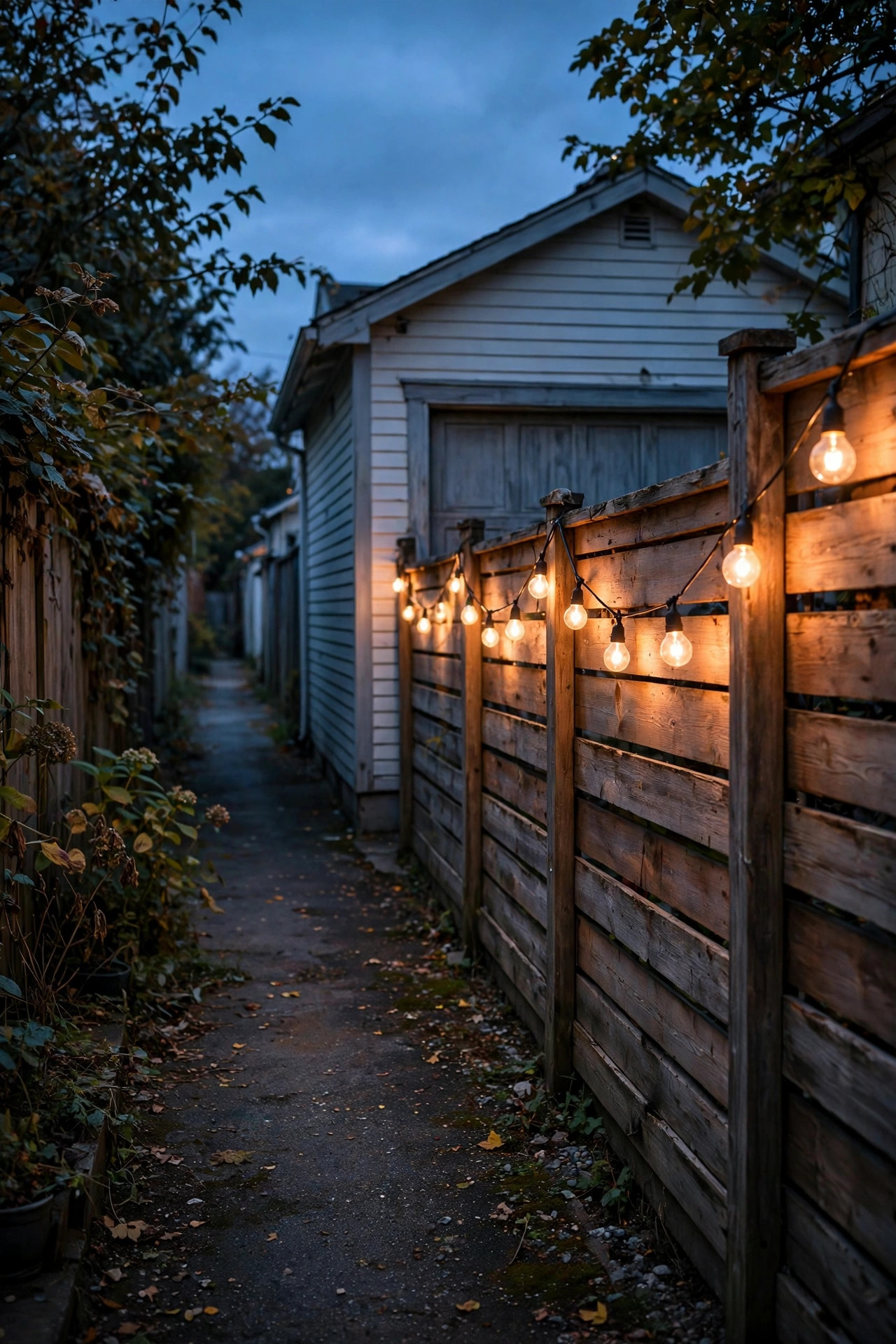 Warm string lights strung along a wooden fence in a residential alley behind a detached garage at dusk