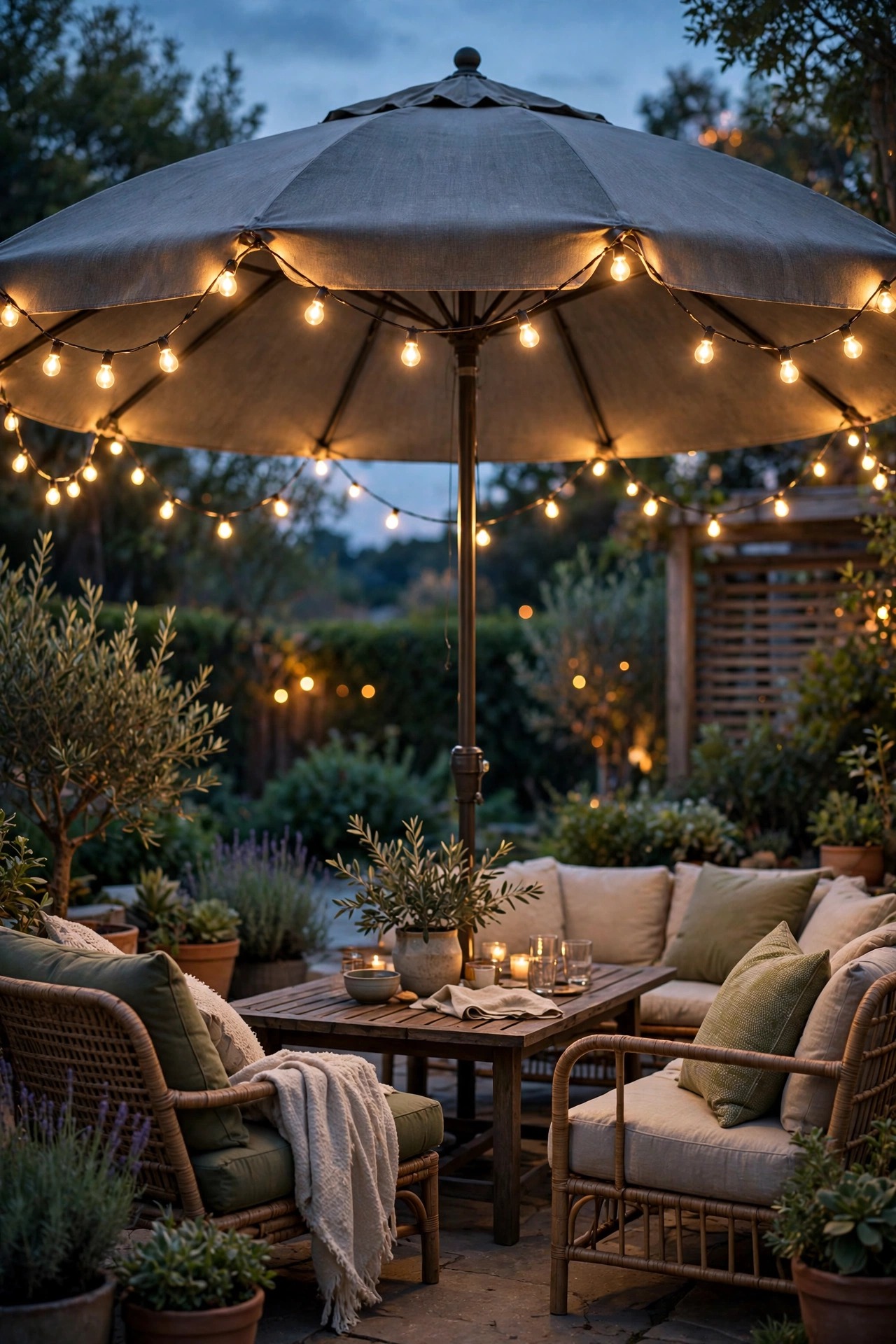 Outdoor string lights draped in swags around the edge of a large patio umbrella over an evening seating area